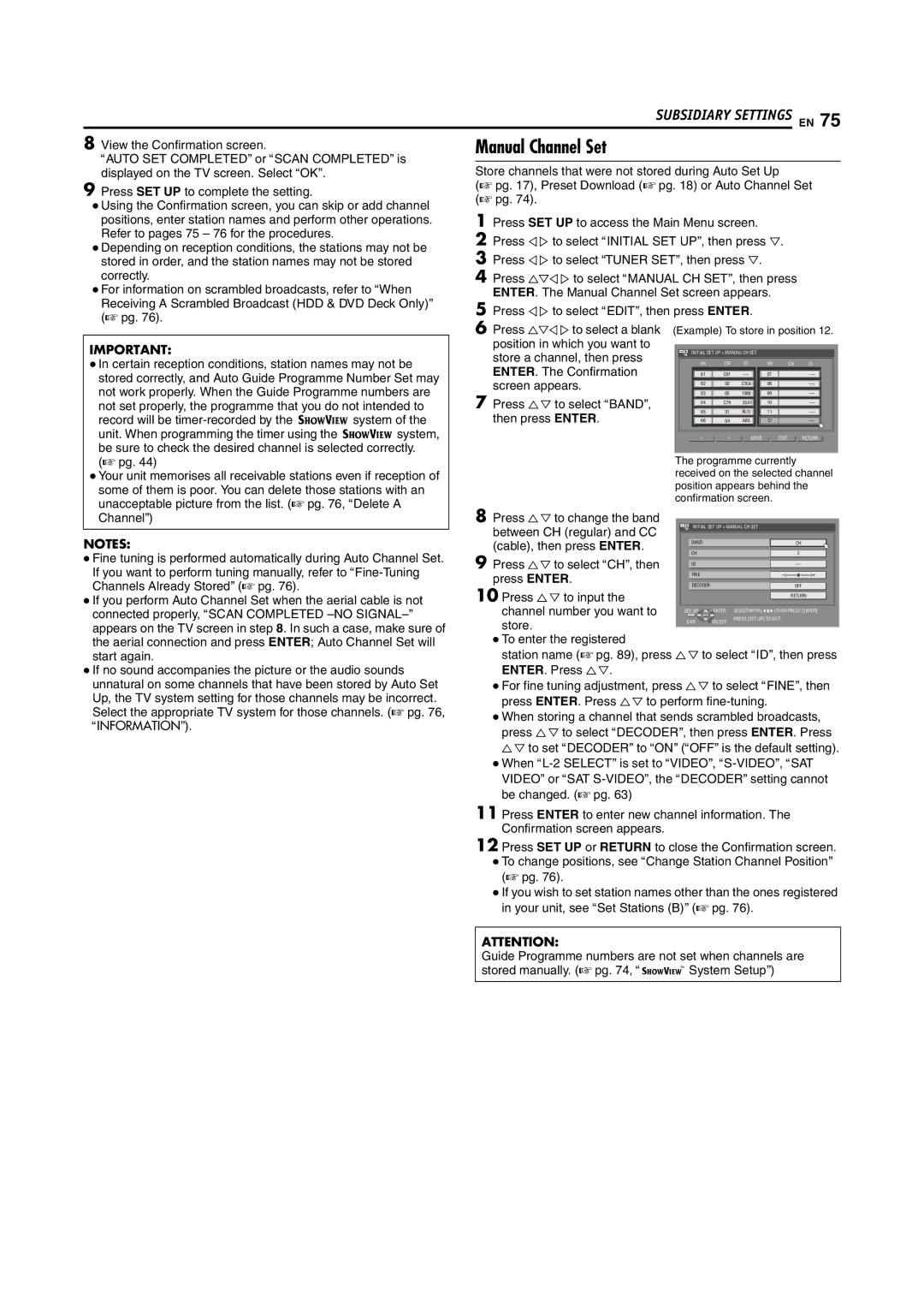 JVC SR-DVM70EU manual Manual Channel Set 