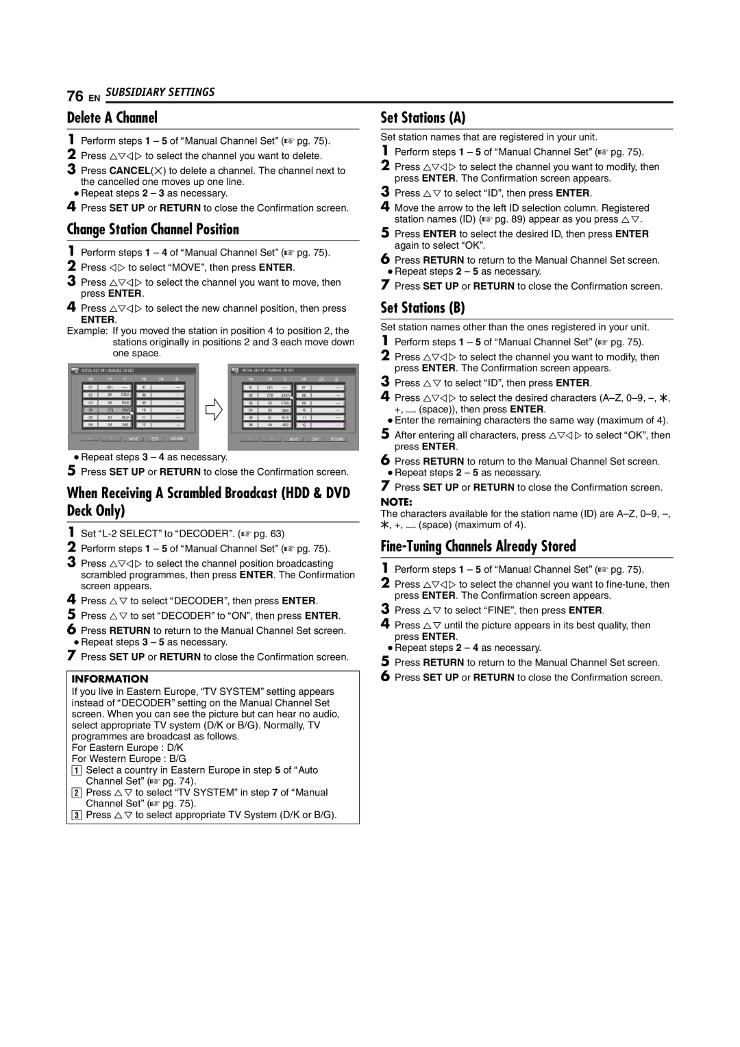 JVC SR-DVM70EU Delete a Channel, Change Station Channel Position, When Receiving a Scrambled Broadcast HDD & DVD Deck Only 