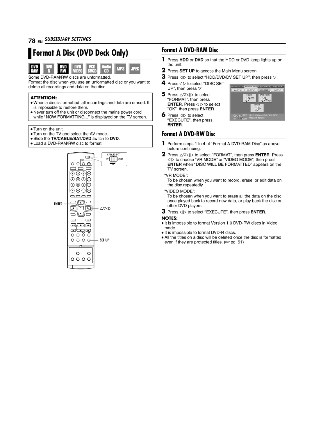 JVC SR-DVM70EU manual Format a DVD-RWDisc, Is impossible to restore them, Load a DVD-RAM/RW disc to format 