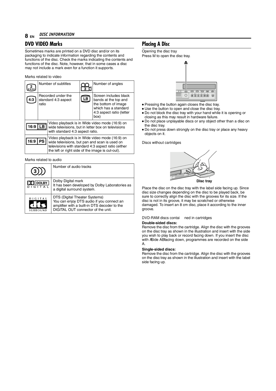 JVC SR-DVM70EU manual DVD Video Marks, Placing a Disc 