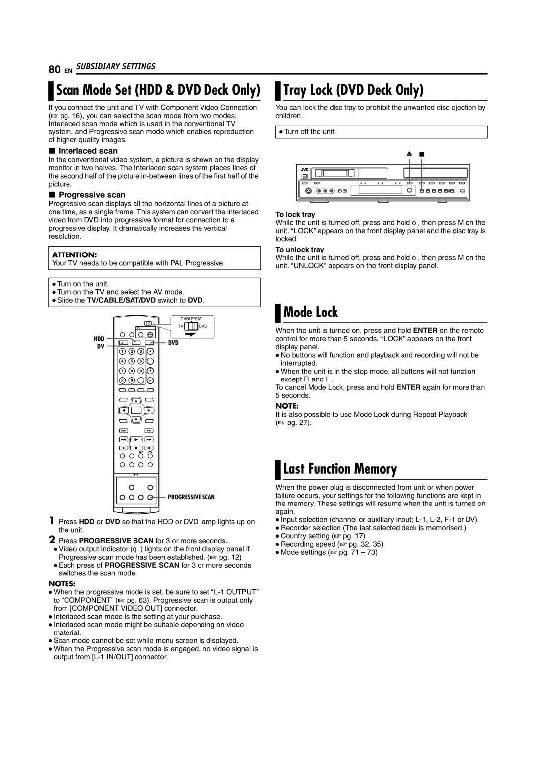 JVC SR-DVM70EU manual Tray Lock DVD Deck Only, Mode Lock, Last Function Memory, To lock tray, To unlock tray 