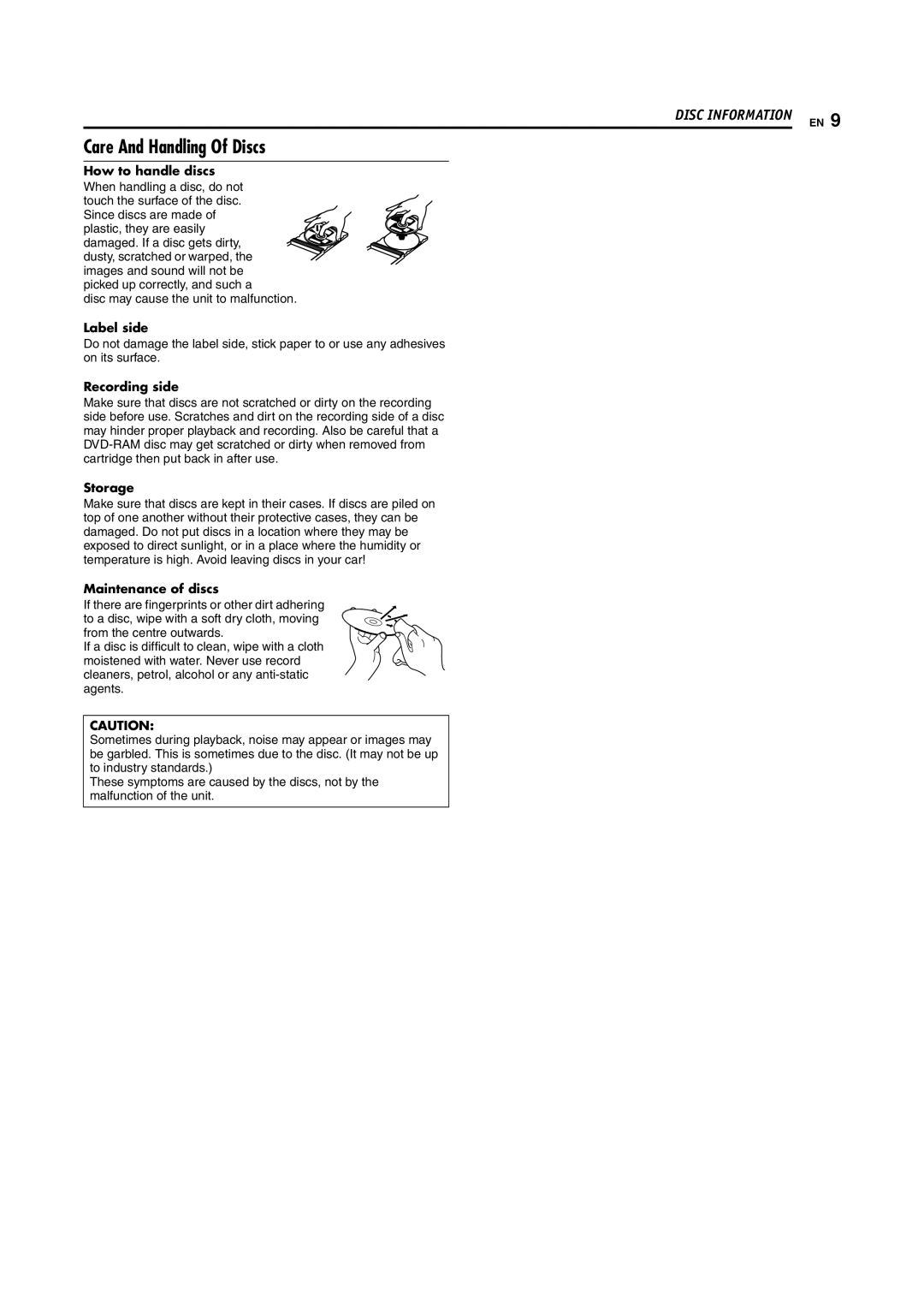 JVC SR-DVM70EU manual Care And Handling Of Discs, Label side, Recording side, Storage, Maintenance of discs 