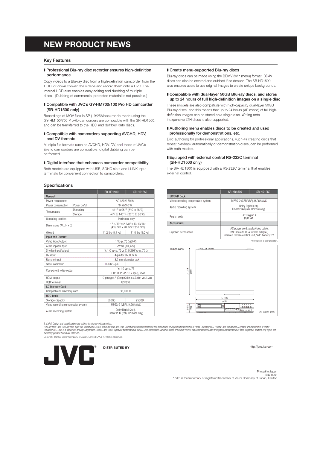 JVC manual Key Features, Specifications, SR-HD1500 SR-HD1250, MPEG-2 CBR/VBR, H.264/AVC 