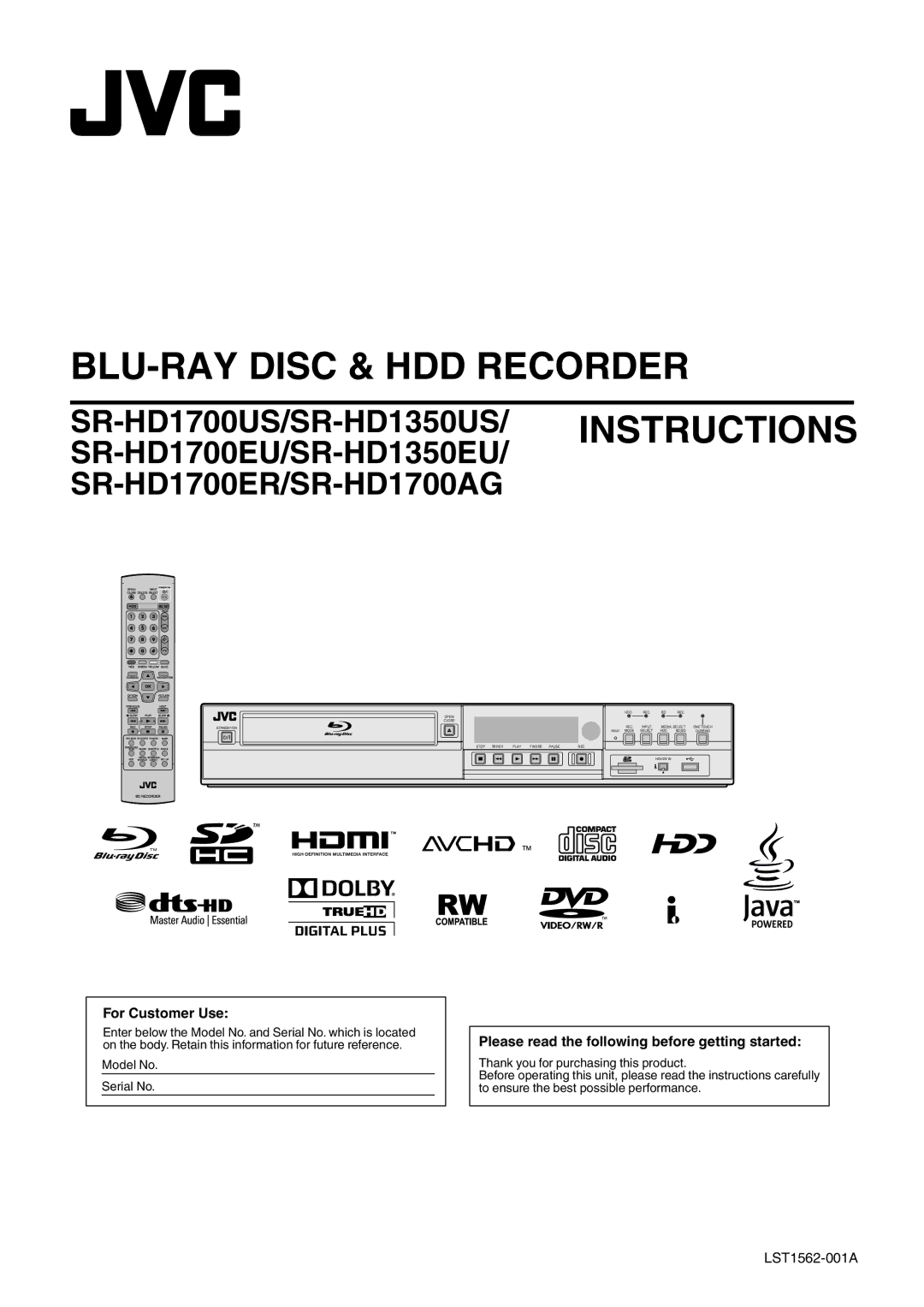 JVC SR-HD1700US/SR-HD1350US/ SR-HD1700EU/SR-HD1350EU/ SR-HD1700ER/SR-HD1700AG manual BLU-RAY Disc & HDD Recorder 