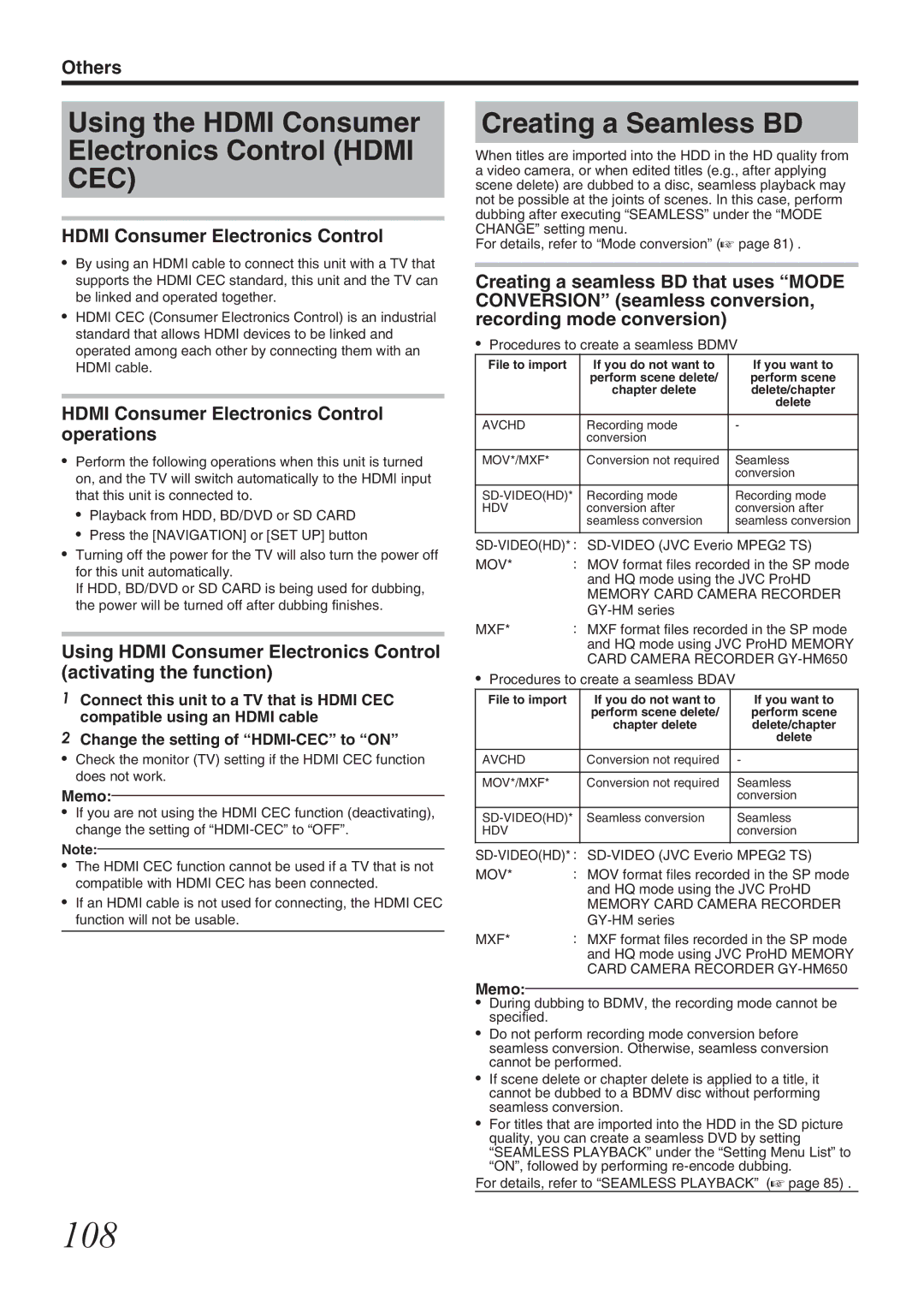 JVC SR-HD1700US/SR-HD1350US/ SR-HD1700EU/SR-HD1350EU/ SR-HD1700ER/SR-HD1700AG manual 108, Creating a Seamless BD 