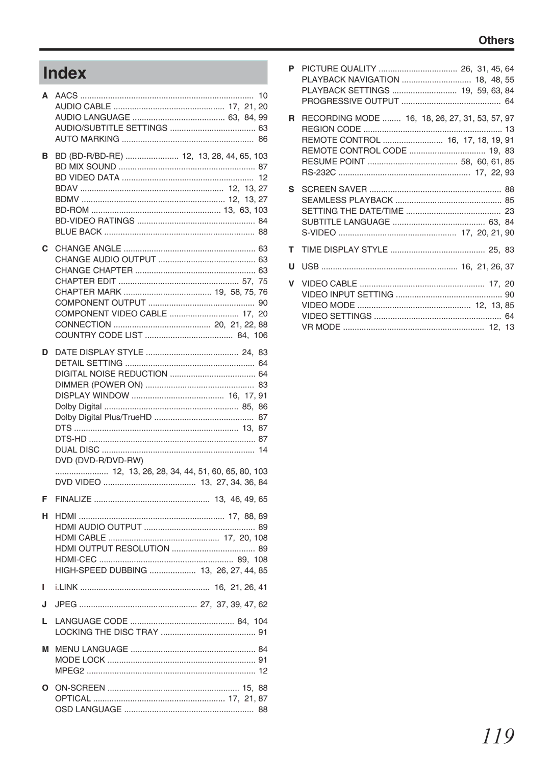 JVC SR-HD1700US/SR-HD1350US/ SR-HD1700EU/SR-HD1350EU/ SR-HD1700ER/SR-HD1700AG manual 119, Index 