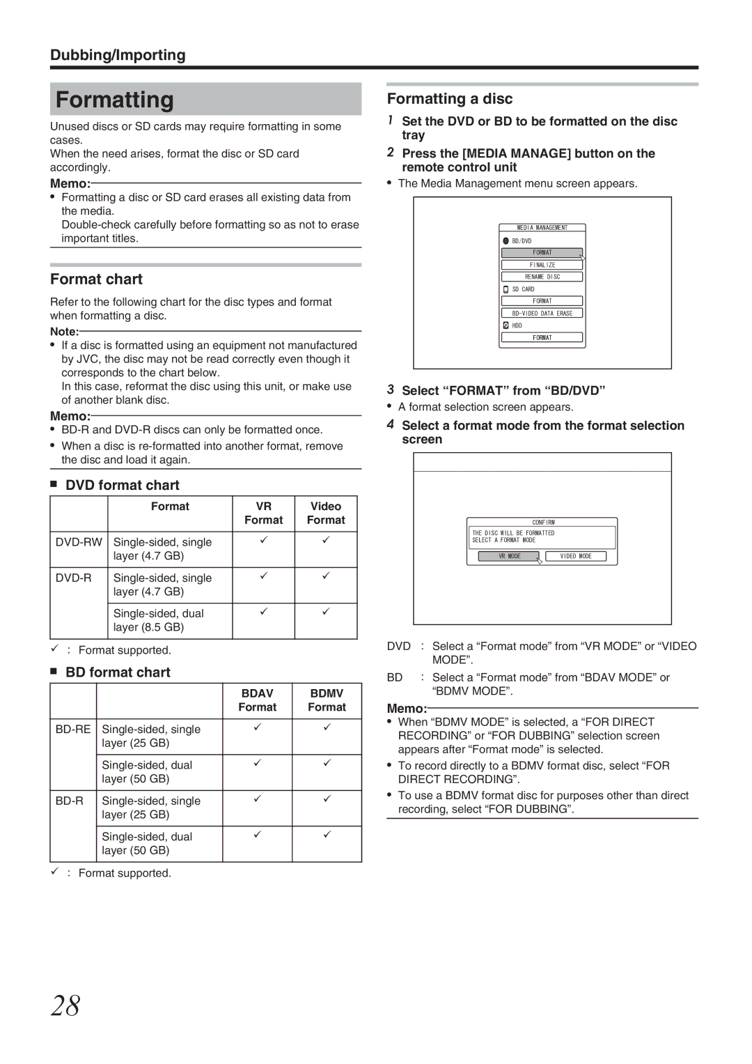 JVC SR-HD1700US/SR-HD1350US/ SR-HD1700EU/SR-HD1350EU/ SR-HD1700ER/SR-HD1700AG manual Format chart, Formatting a disc 