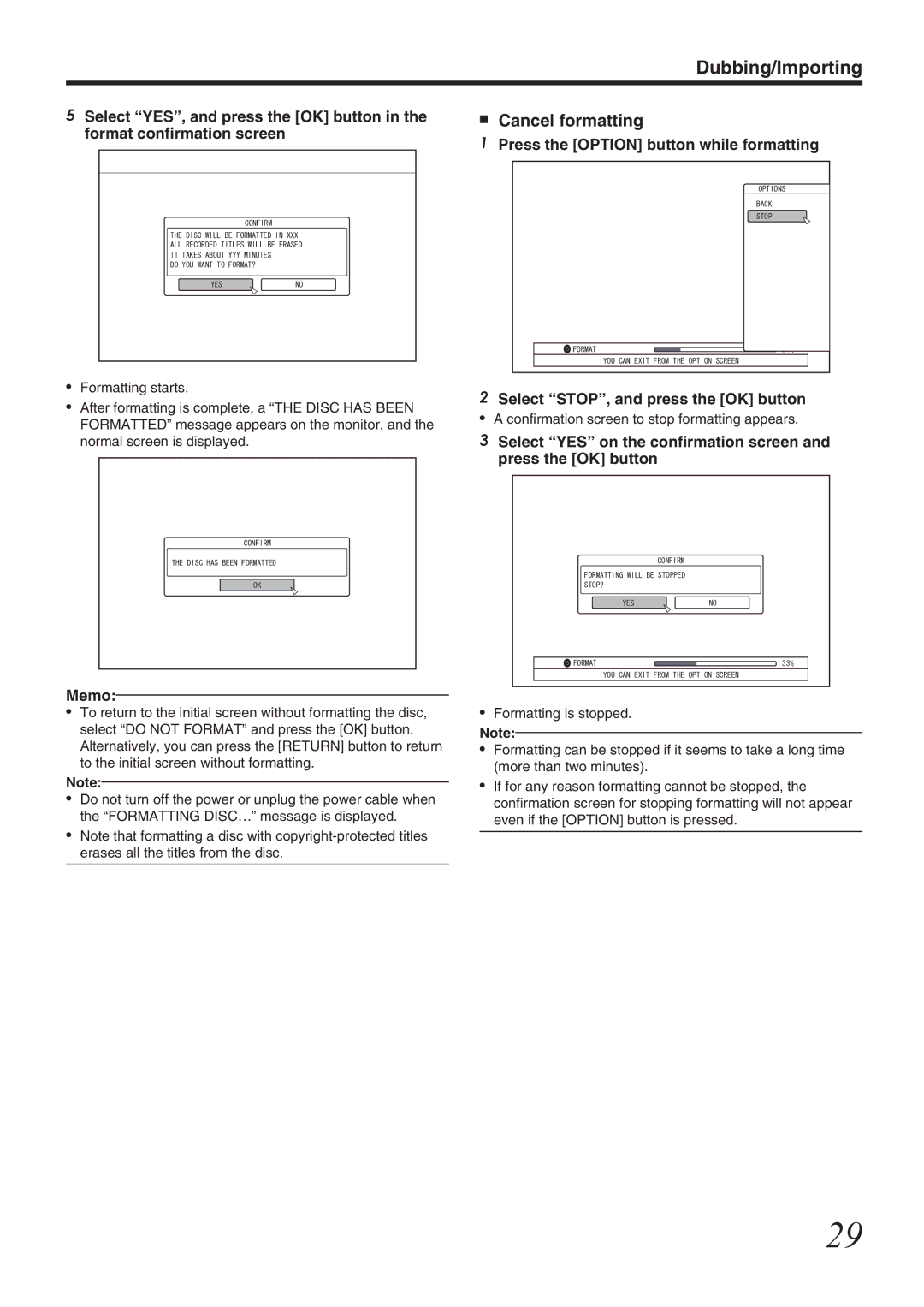 JVC SR-HD1700US/SR-HD1350US/ SR-HD1700EU/SR-HD1350EU/ SR-HD1700ER/SR-HD1700AG manual Cancel formatting 