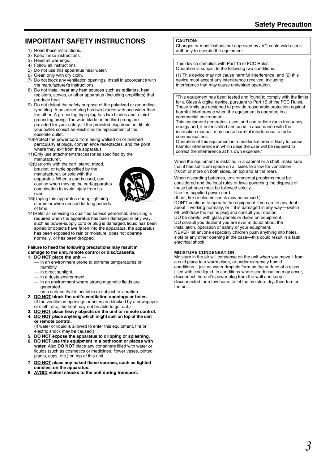 JVC SR-HD1700US/SR-HD1350US/ SR-HD1700EU/SR-HD1350EU/ SR-HD1700ER/SR-HD1700AG manual Important Safety Instructions 