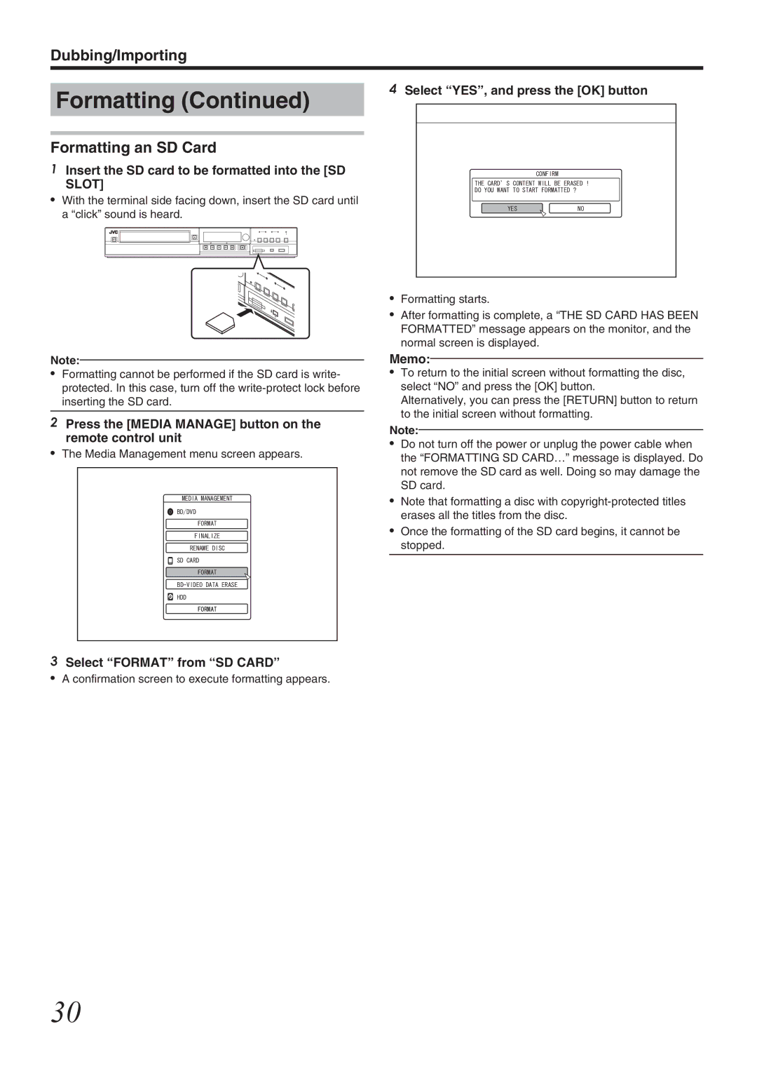 JVC SR-HD1700US/SR-HD1350US/ SR-HD1700EU/SR-HD1350EU/ SR-HD1700ER/SR-HD1700AG manual Formatting an SD Card 