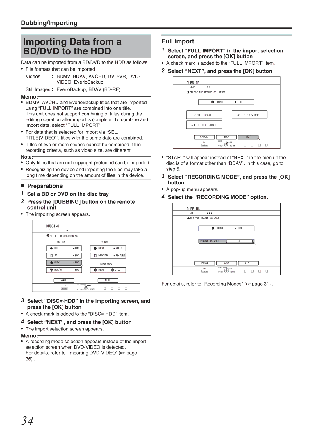 JVC SR-HD1700US/SR-HD1350US/ SR-HD1700EU/SR-HD1350EU/ SR-HD1700ER/SR-HD1700AG Importing Data from a BD/DVD to the HDD 