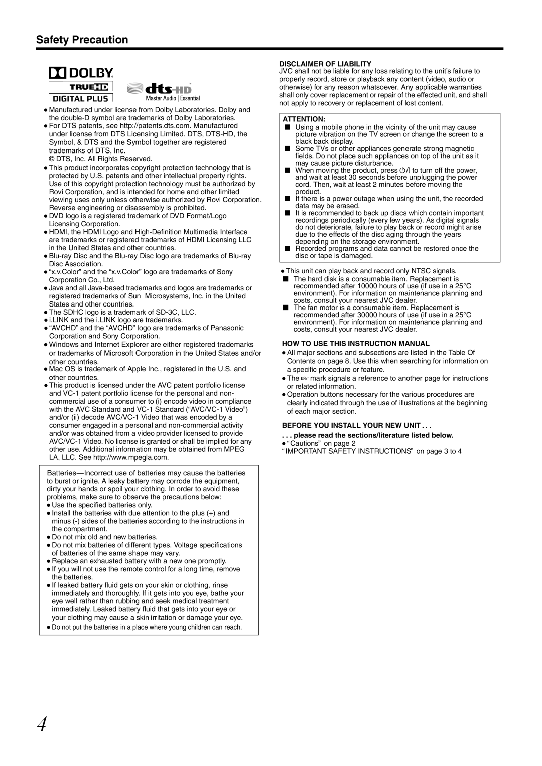 JVC SR-HD1700US/SR-HD1350US/ SR-HD1700EU/SR-HD1350EU/ SR-HD1700ER/SR-HD1700AG manual Disclaimer of Liability 