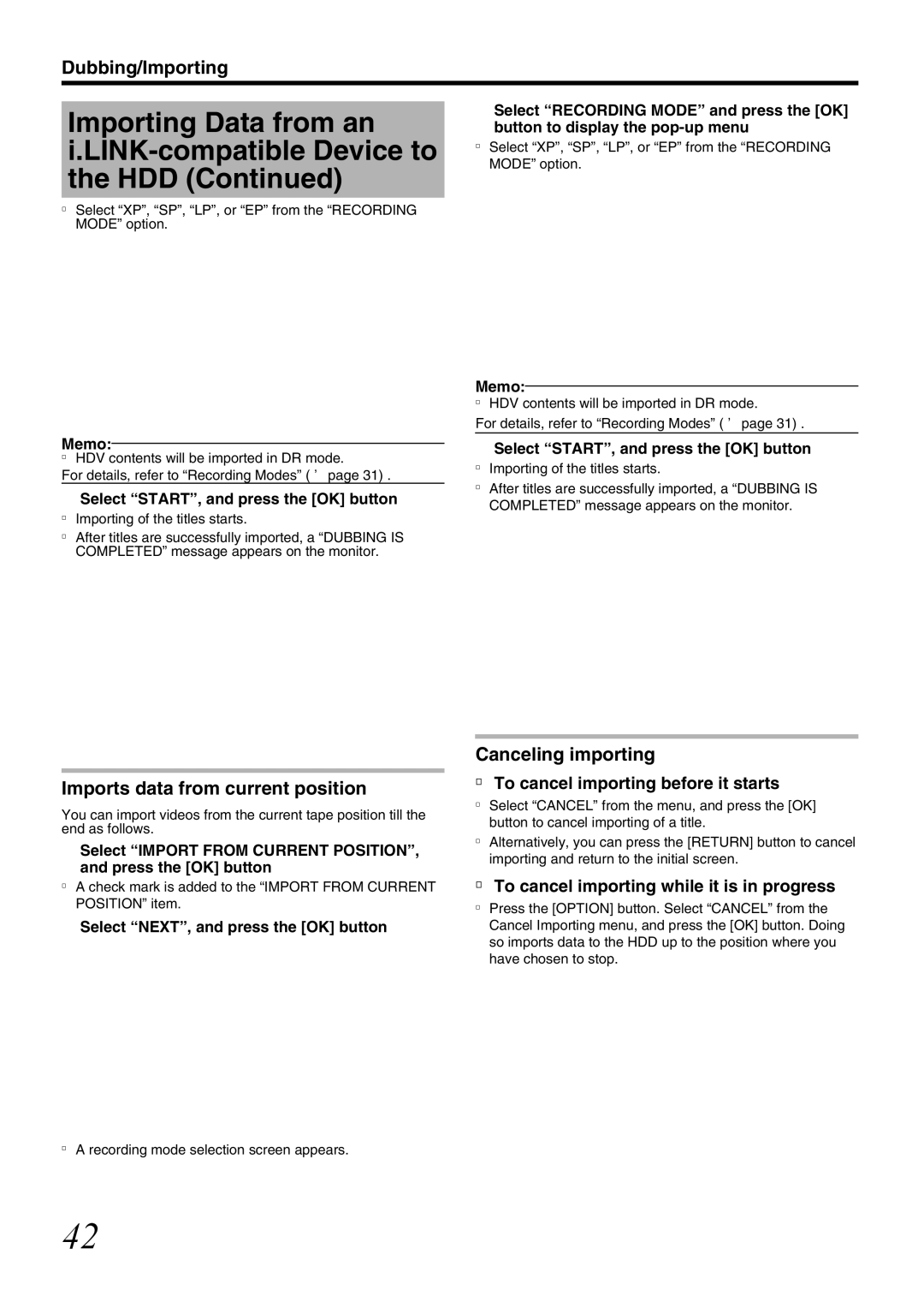 JVC SR-HD1700US/SR-HD1350US/ SR-HD1700EU/SR-HD1350EU/ SR-HD1700ER/SR-HD1700AG manual Imports data from current position 