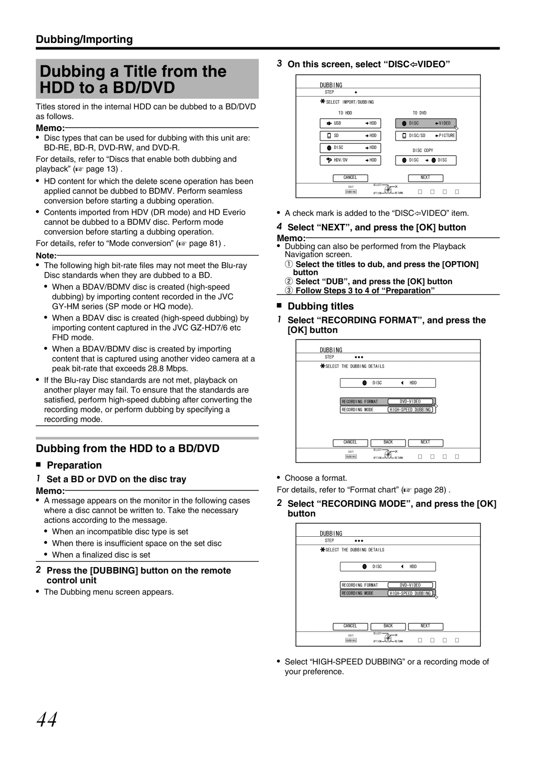 JVC SR-HD1700US/SR-HD1350US/ SR-HD1700EU/SR-HD1350EU/ SR-HD1700ER/SR-HD1700AG Dubbing a Title from the HDD to a BD/DVD 