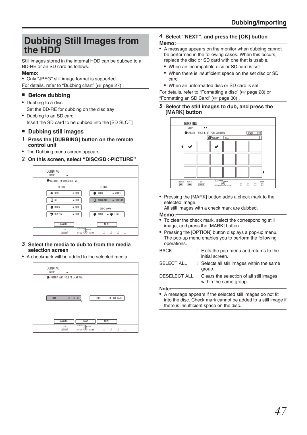 JVC SR-HD1700US/SR-HD1350US/ SR-HD1700EU/SR-HD1350EU/ SR-HD1700ER/SR-HD1700AG manual Dubbing Still Images from the HDD 