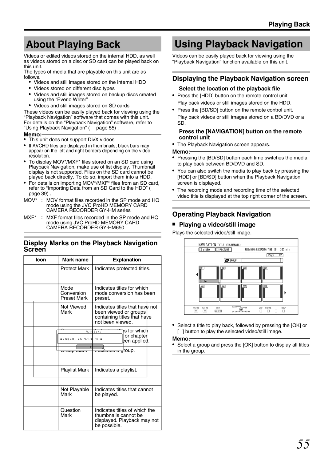 JVC SR-HD1700US/SR-HD1350US/ SR-HD1700EU/SR-HD1350EU/ SR-HD1700ER/SR-HD1700AG manual About Playing Back 