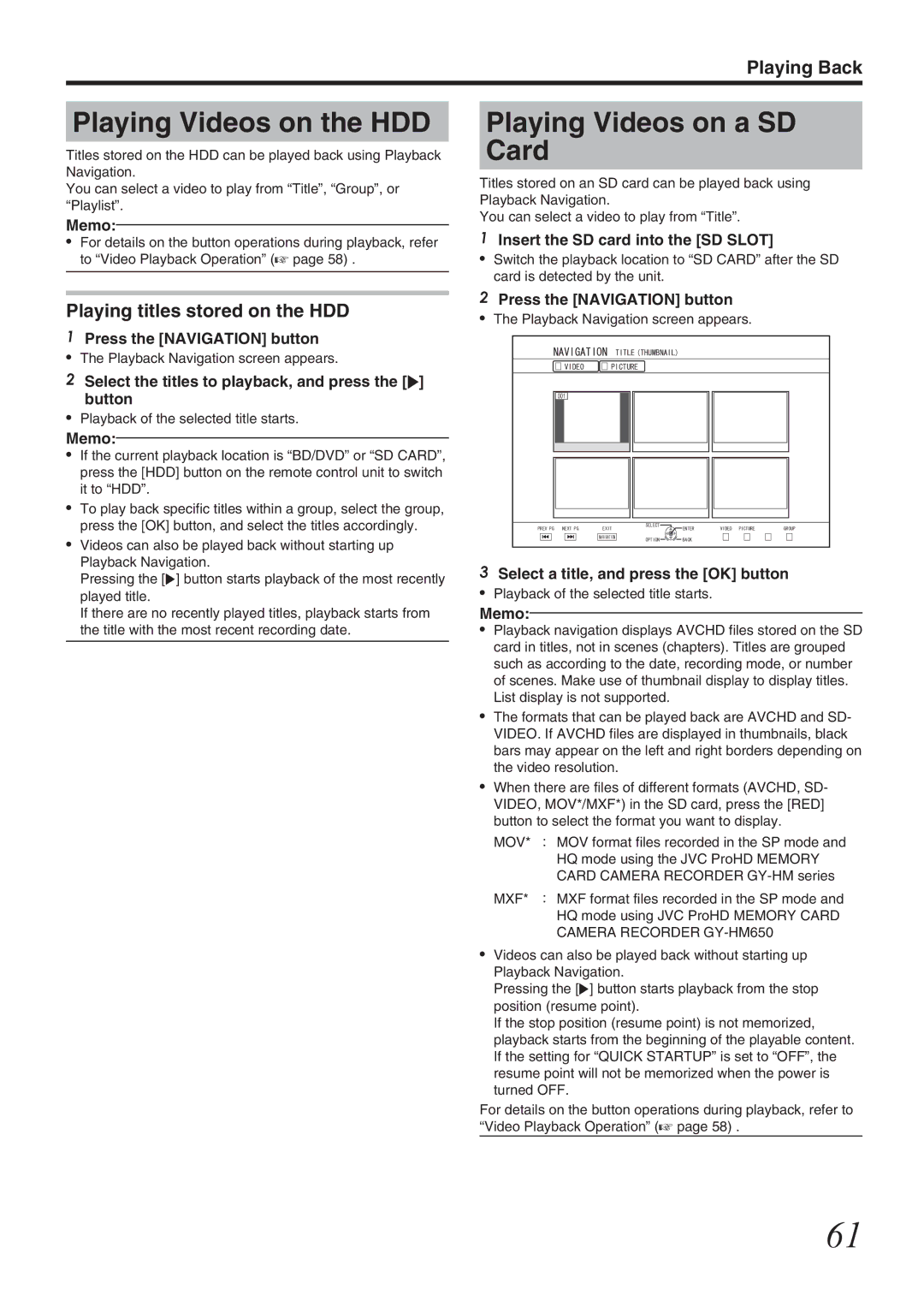 JVC SR-HD1700US/SR-HD1350US/ SR-HD1700EU/SR-HD1350EU/ SR-HD1700ER/SR-HD1700AG manual Playing Videos on the HDD 