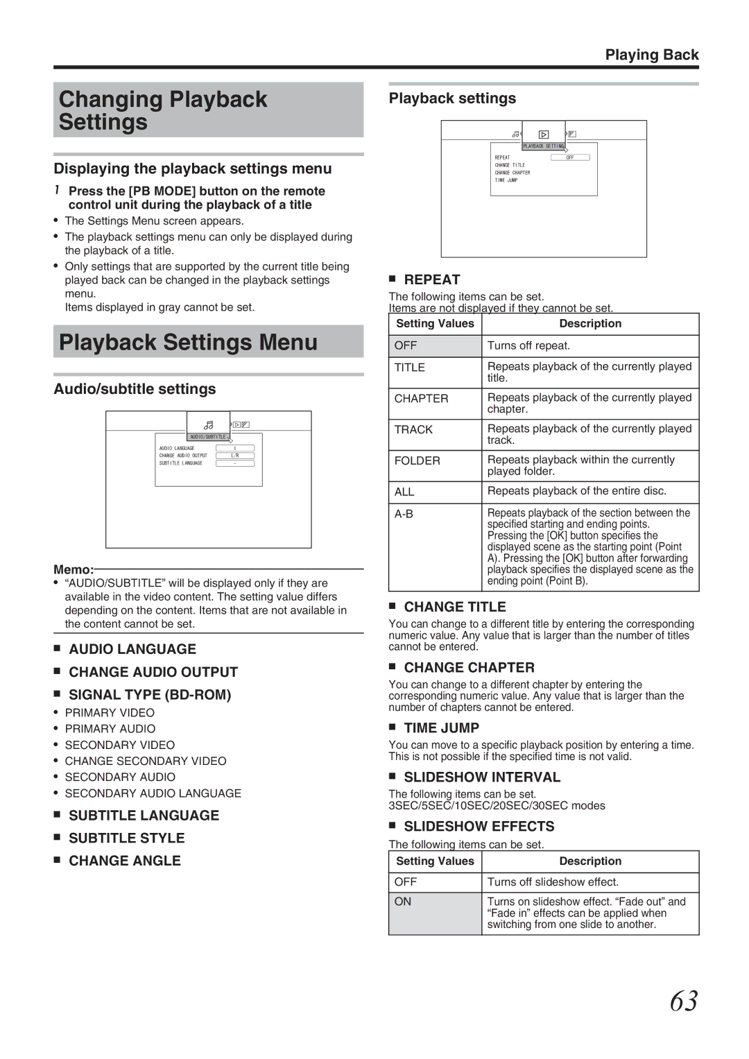 JVC SR-HD1700US/SR-HD1350US/ SR-HD1700EU/SR-HD1350EU/ SR-HD1700ER/SR-HD1700AG manual Changing Playback Settings 