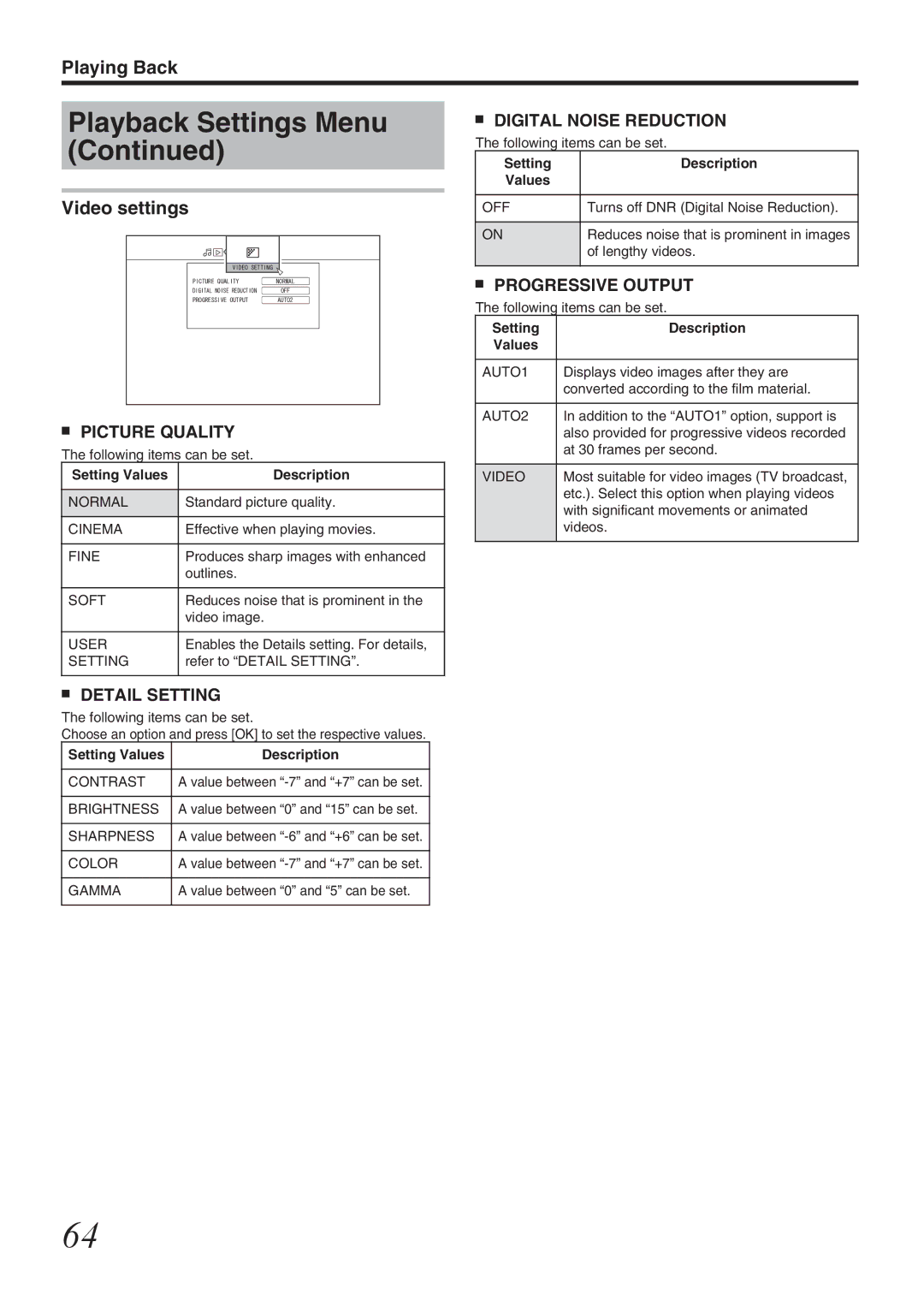 JVC SR-HD1700US/SR-HD1350US/ SR-HD1700EU/SR-HD1350EU/ SR-HD1700ER/SR-HD1700AG manual Video settings, Picture Quality 