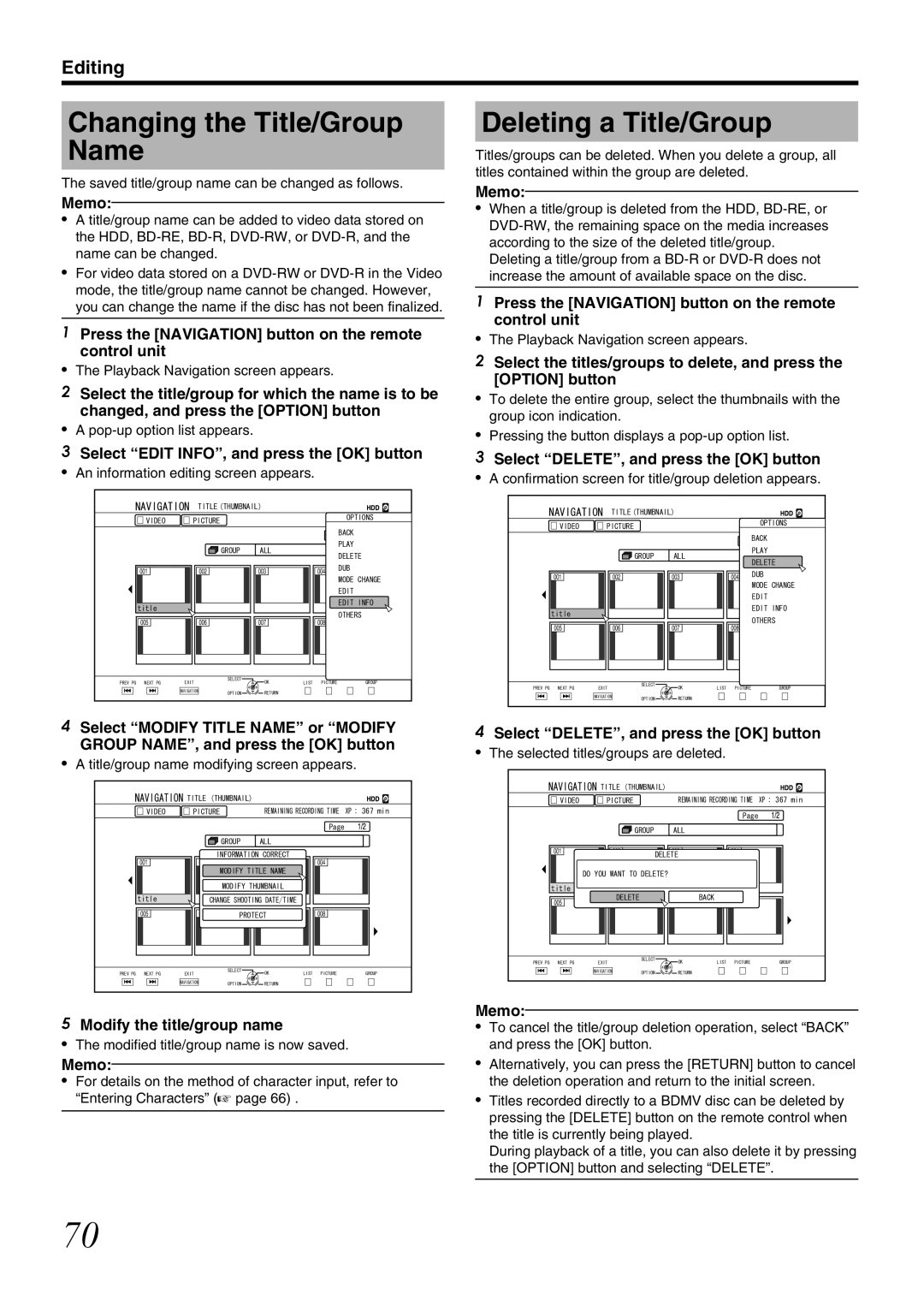 JVC SR-HD1700US/SR-HD1350US/ SR-HD1700EU/SR-HD1350EU/ SR-HD1700ER/SR-HD1700AG manual Changing the Title/Group Name 