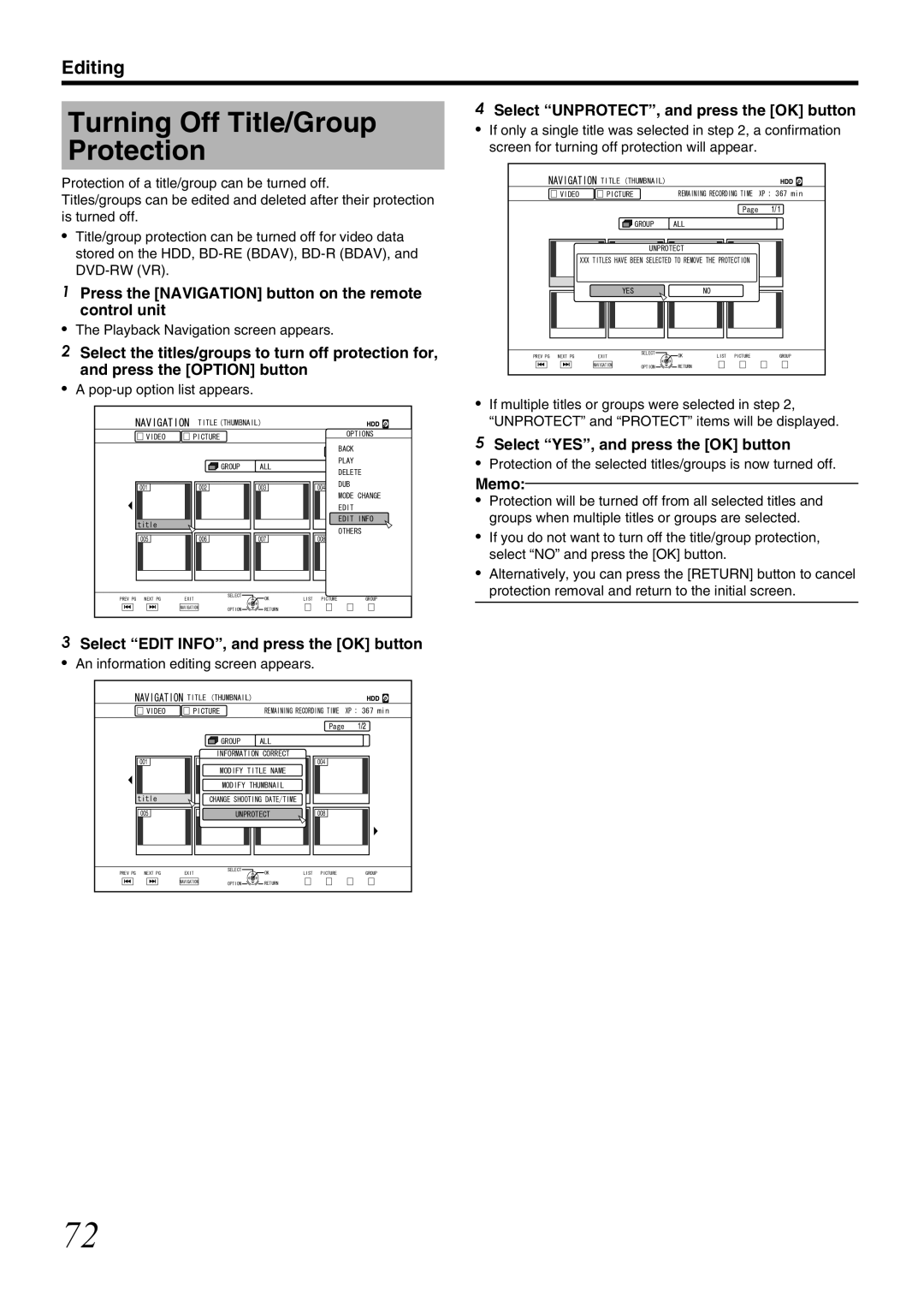 JVC SR-HD1700US/SR-HD1350US/ SR-HD1700EU/SR-HD1350EU/ SR-HD1700ER/SR-HD1700AG manual Turning Off Title/Group Protection 