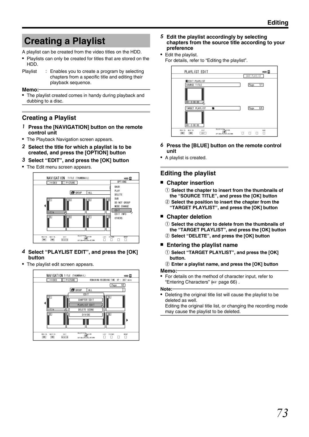 JVC SR-HD1700US/SR-HD1350US/ SR-HD1700EU/SR-HD1350EU/ SR-HD1700ER/SR-HD1700AG Creating a Playlist, Editing the playlist 