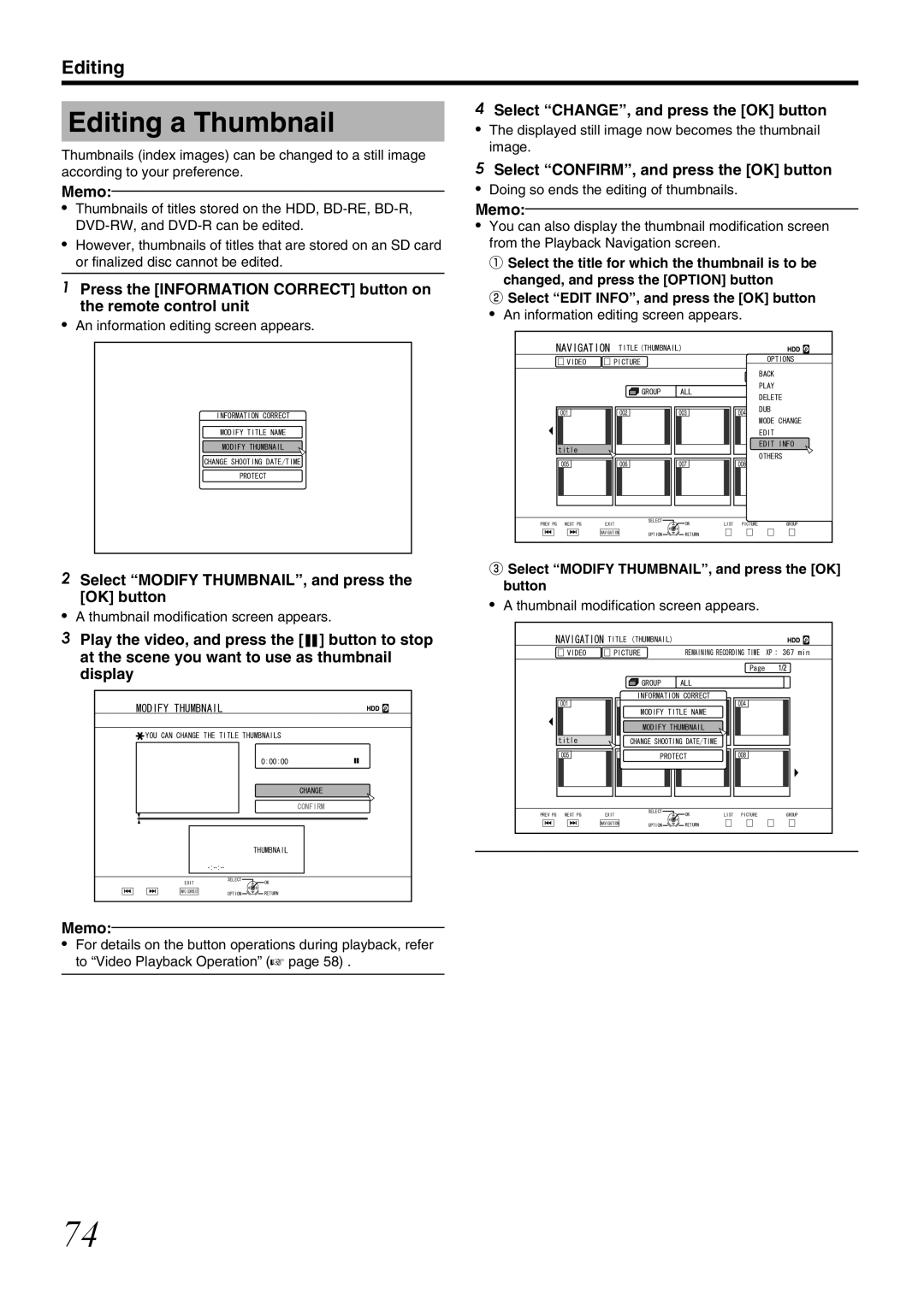 JVC SR-HD1700US/SR-HD1350US/ SR-HD1700EU/SR-HD1350EU/ SR-HD1700ER/SR-HD1700AG manual Editing a Thumbnail 