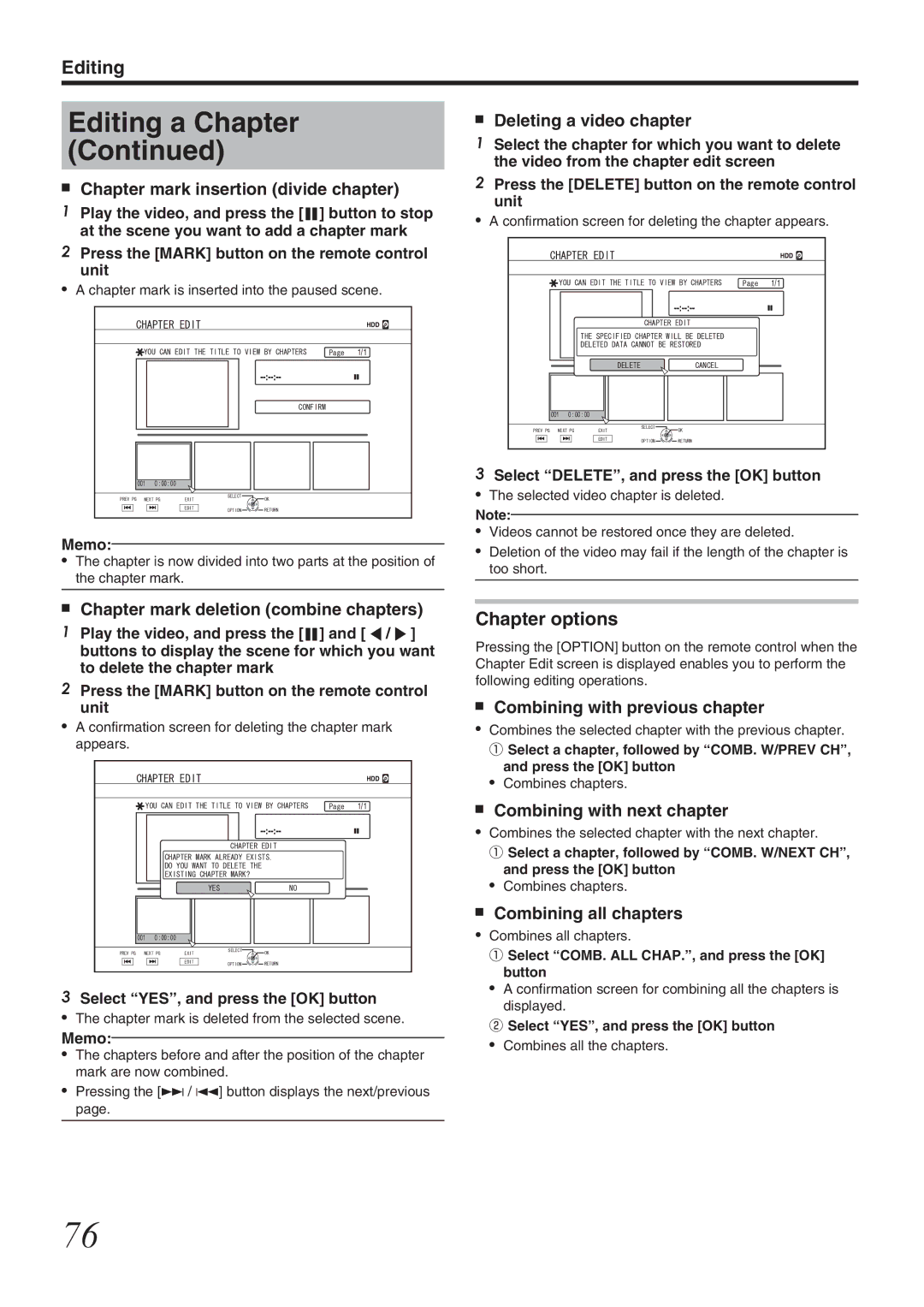 JVC SR-HD1700US/SR-HD1350US/ SR-HD1700EU/SR-HD1350EU/ SR-HD1700ER/SR-HD1700AG manual Chapter options 