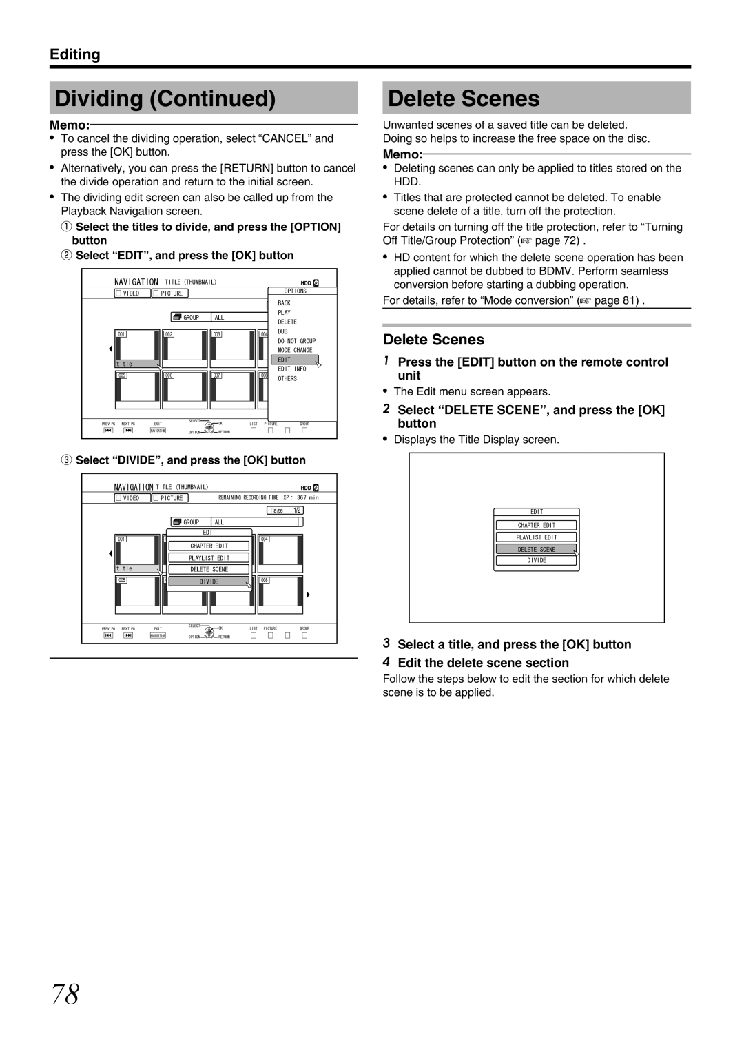 JVC SR-HD1700US/SR-HD1350US/ SR-HD1700EU/SR-HD1350EU/ SR-HD1700ER/SR-HD1700AG manual Delete Scenes 