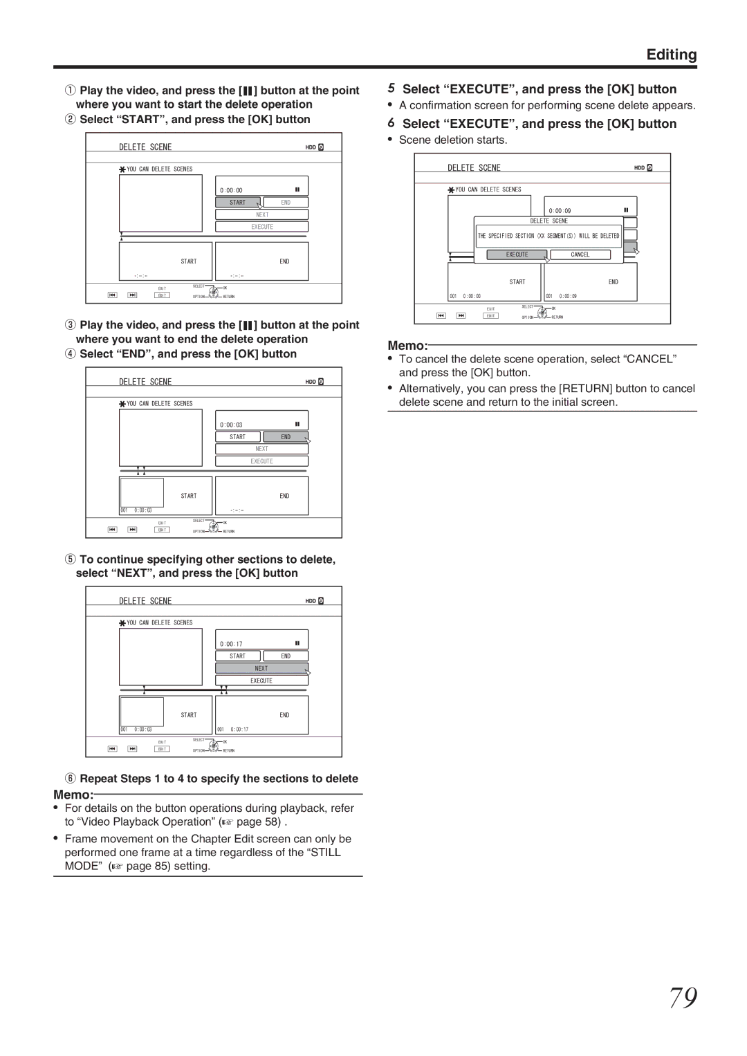 JVC SR-HD1700US/SR-HD1350US/ SR-HD1700EU/SR-HD1350EU/ SR-HD1700ER/SR-HD1700AG manual Scene deletion starts 