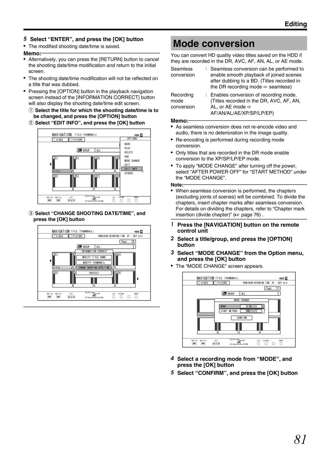 JVC SR-HD1700US/SR-HD1350US/ SR-HD1700EU/SR-HD1350EU/ SR-HD1700ER/SR-HD1700AG Mode conversion, Af/An/Al/Ae/Xp/Sp/Lp/Ep 