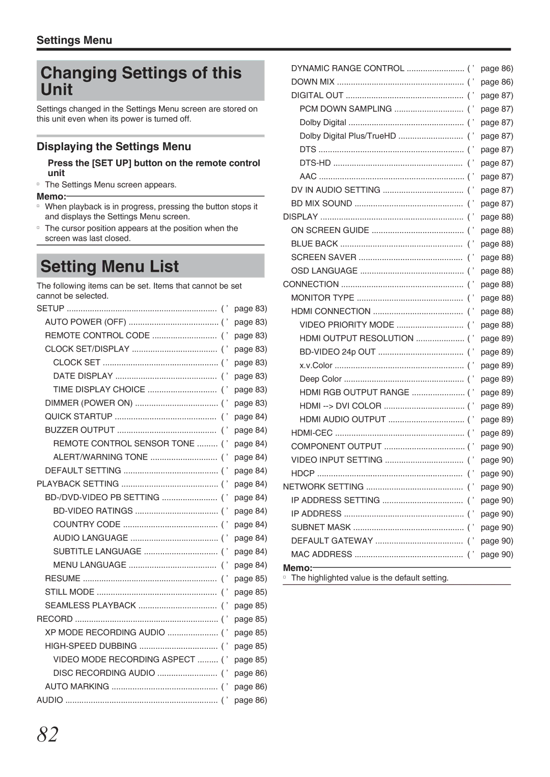 JVC SR-HD1700US/SR-HD1350US/ SR-HD1700EU/SR-HD1350EU/ SR-HD1700ER/SR-HD1700AG manual Changing Settings of this Unit 