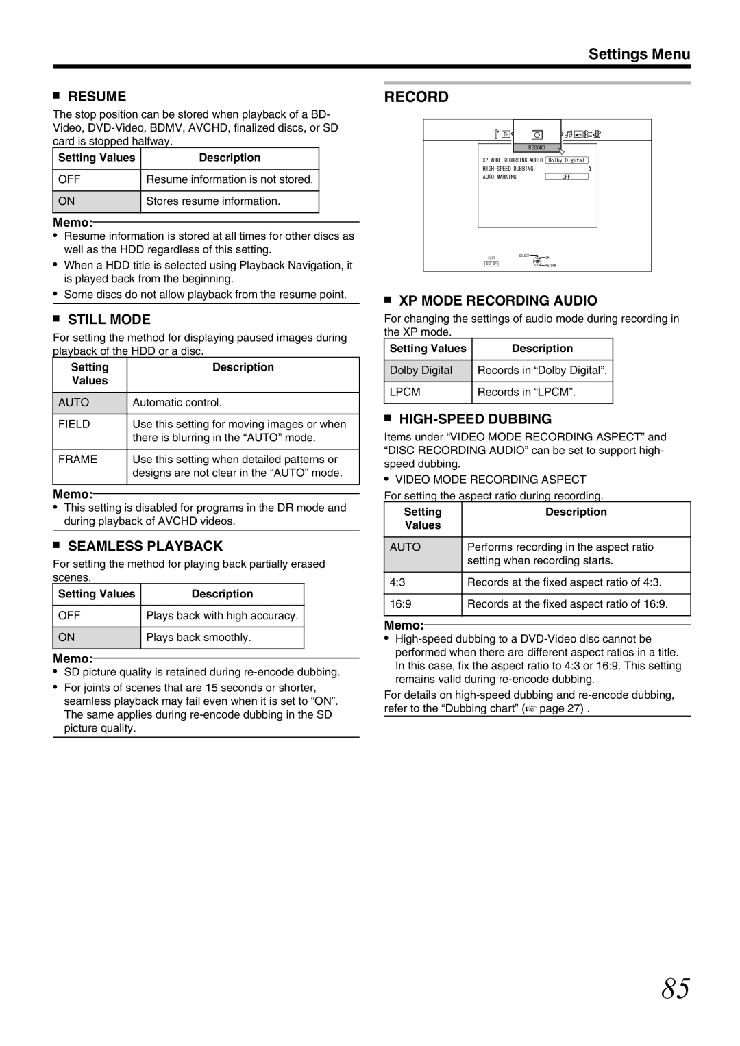 JVC SR-HD1700US/SR-HD1350US/ SR-HD1700EU/SR-HD1350EU/ SR-HD1700ER/SR-HD1700AG manual Resume, Still Mode, Seamless Playback 