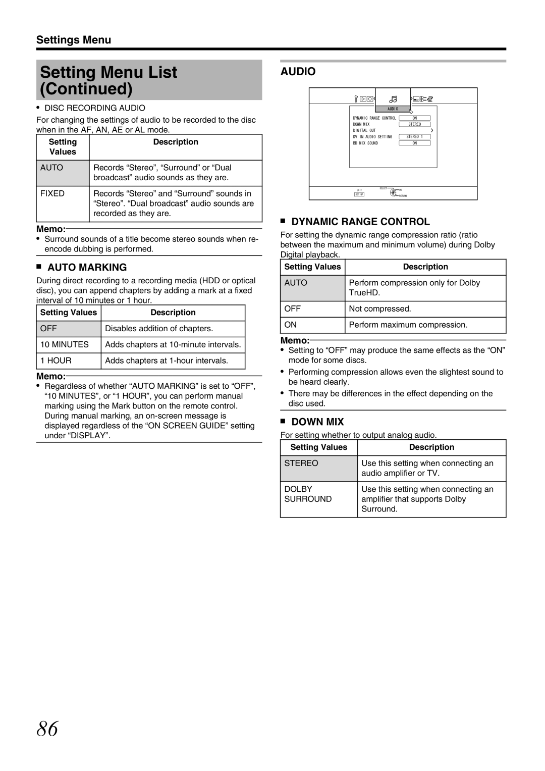 JVC SR-HD1700US/SR-HD1350US/ SR-HD1700EU/SR-HD1350EU/ SR-HD1700ER/SR-HD1700AG manual Auto Marking, Dynamic Range Control 