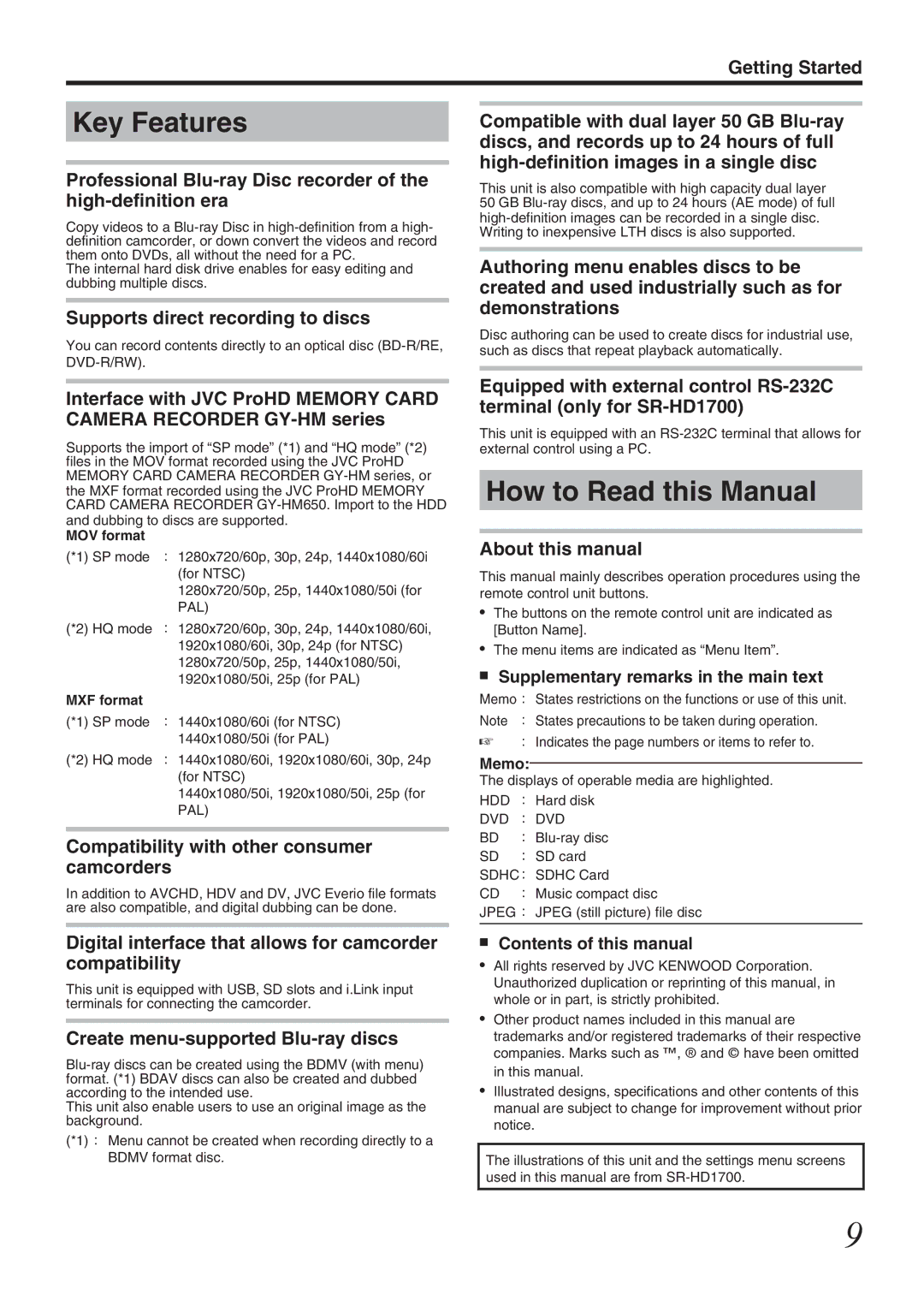 JVC SR-HD1700US/SR-HD1350US/ SR-HD1700EU/SR-HD1350EU/ SR-HD1700ER/SR-HD1700AG manual Key Features, How to Read this Manual 