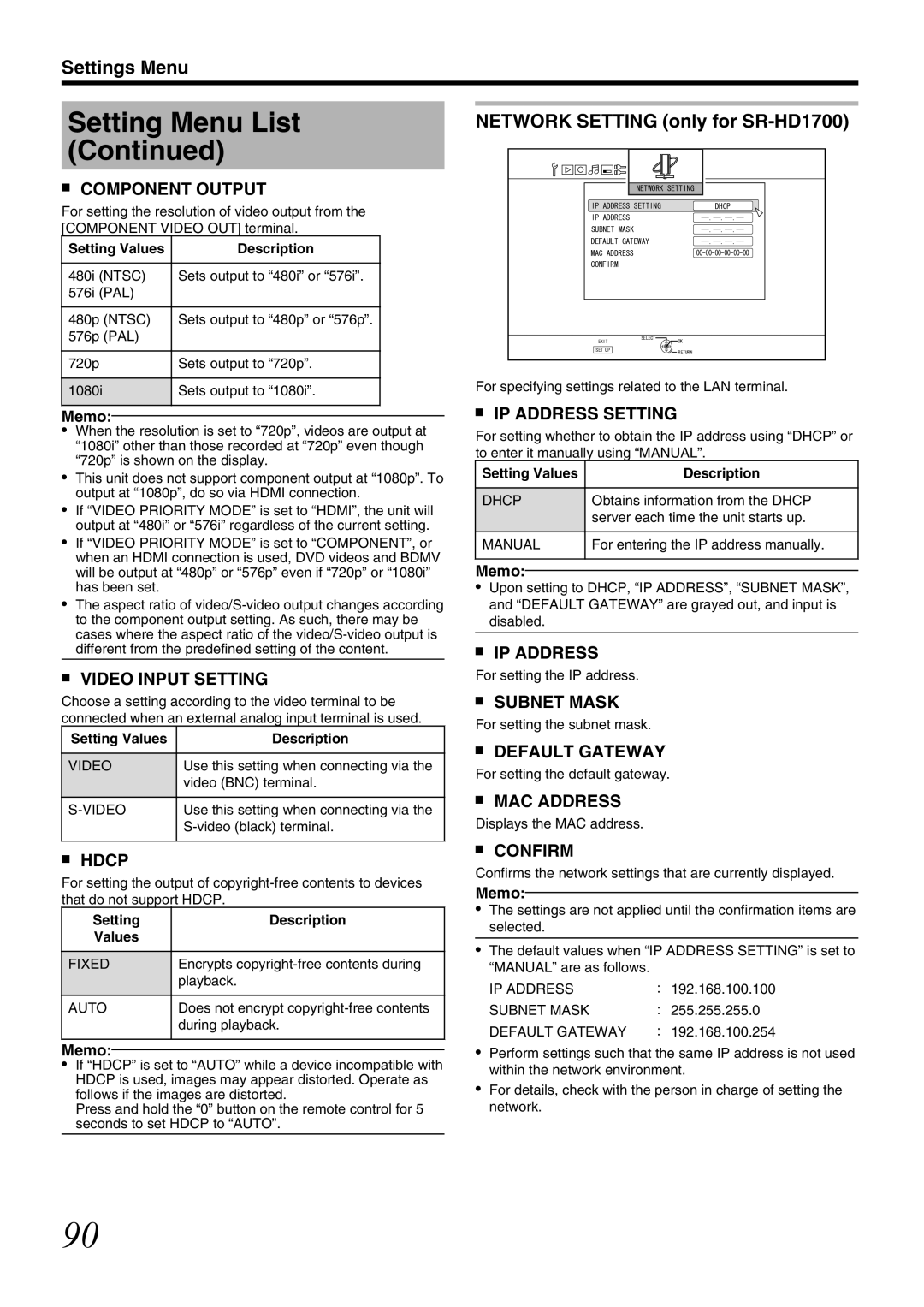 JVC SR-HD1700US/SR-HD1350US/ SR-HD1700EU/SR-HD1350EU/ SR-HD1700ER/SR-HD1700AG manual Network Setting only for SR-HD1700 