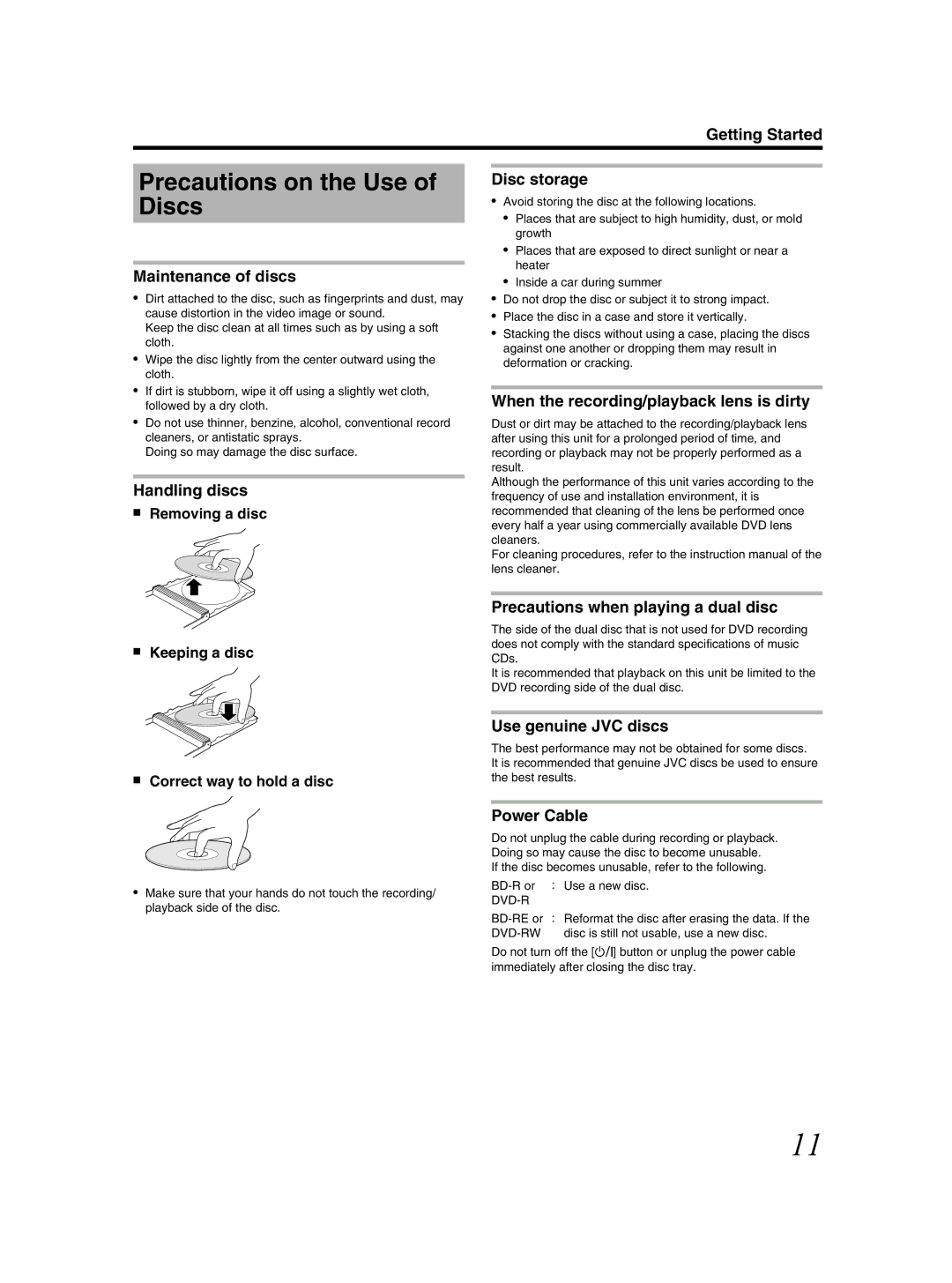 JVC SR-HD2500US manual Precautions on the Use of Discs 