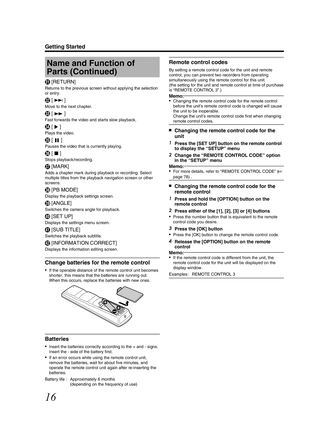 JVC SR-HD2500US manual Name and Function of Parts, Remote control codes, Change batteries for the remote control, Batteries 