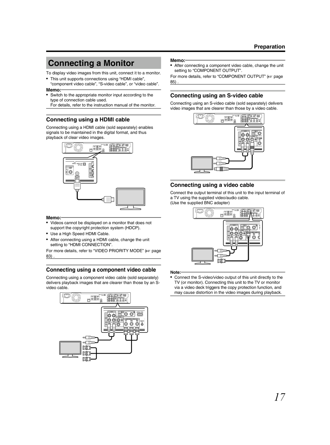 JVC SR-HD2500US manual Connecting a Monitor, Connecting using an S-video cable, Connecting using a Hdmi cable 