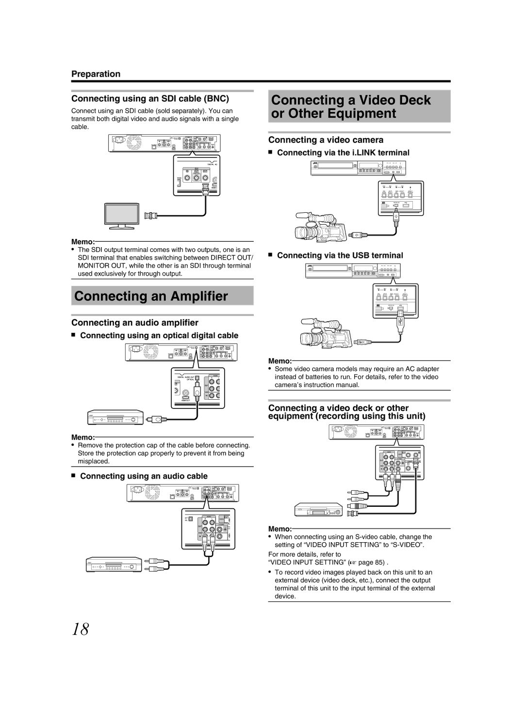 JVC SR-HD2500US manual Connecting a Video Deck or Other Equipment, Connecting an Amplifier, Connecting a video camera 