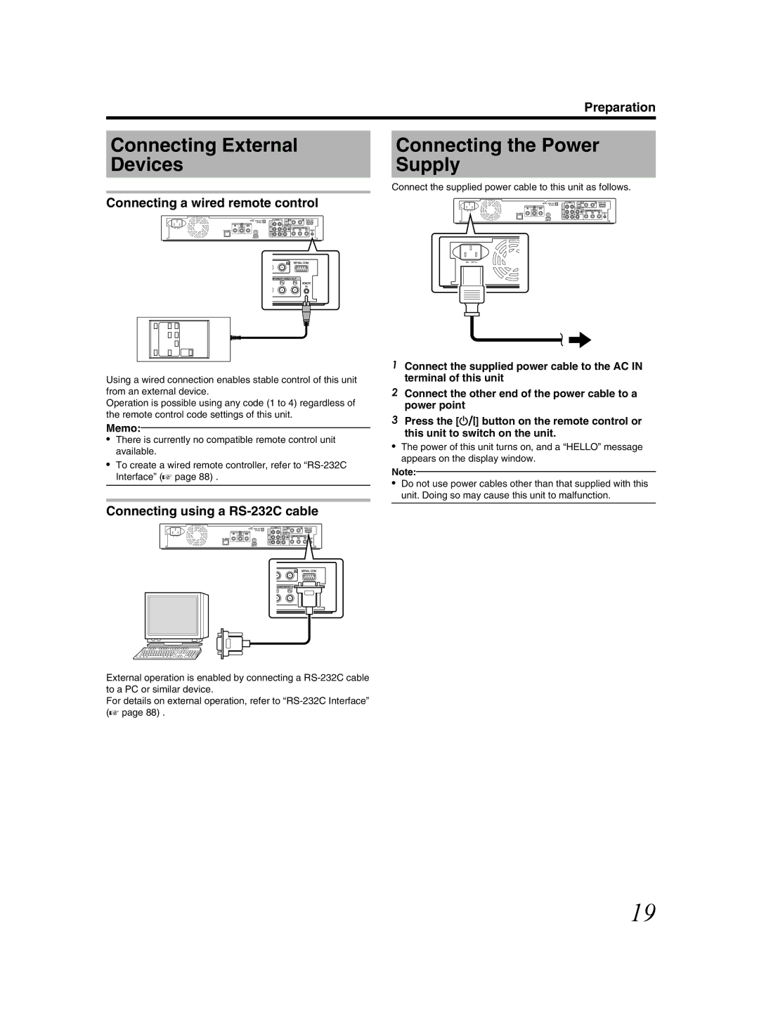 JVC SR-HD2500US manual Connecting External Devices, Connecting the Power Supply, Connecting a wired remote control 