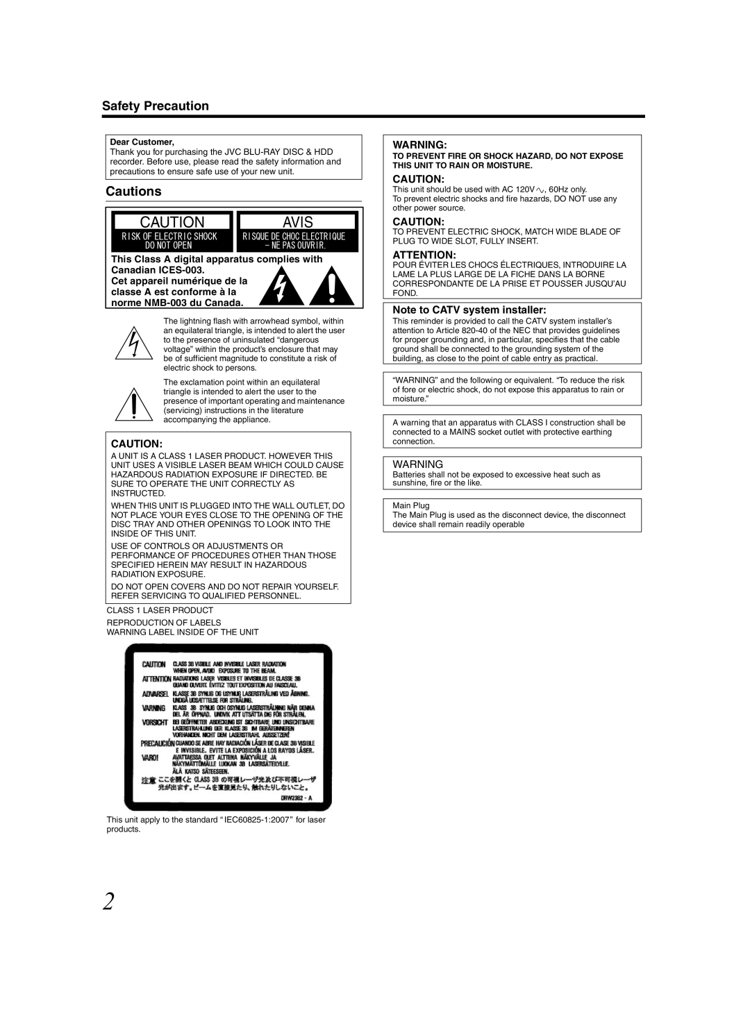 JVC SR-HD2500US manual Safety Precaution, Dear Customer 