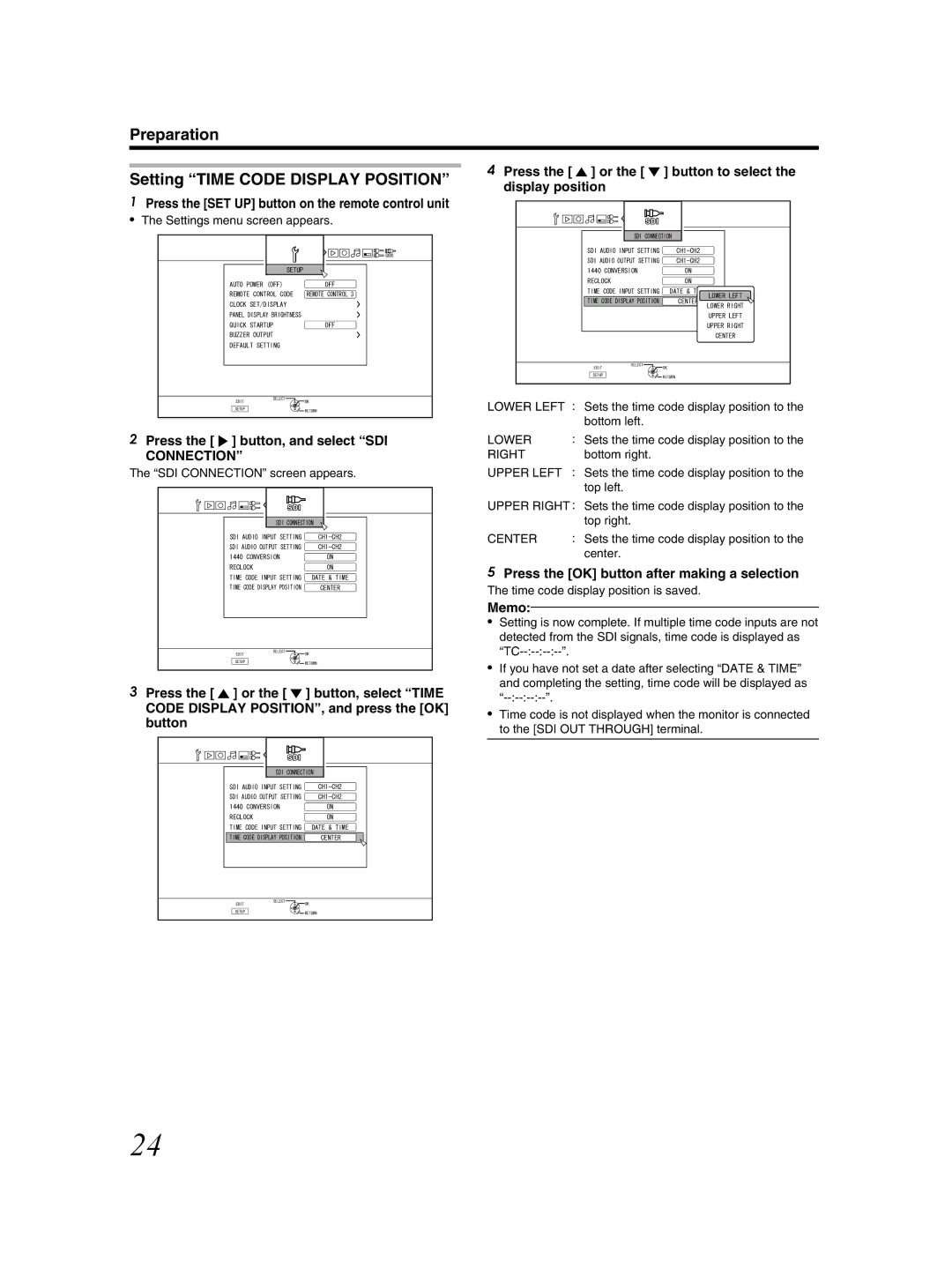 JVC SR-HD2500US manual Preparation Setting Time Code Display Position, Press the J or the K button, select Time 