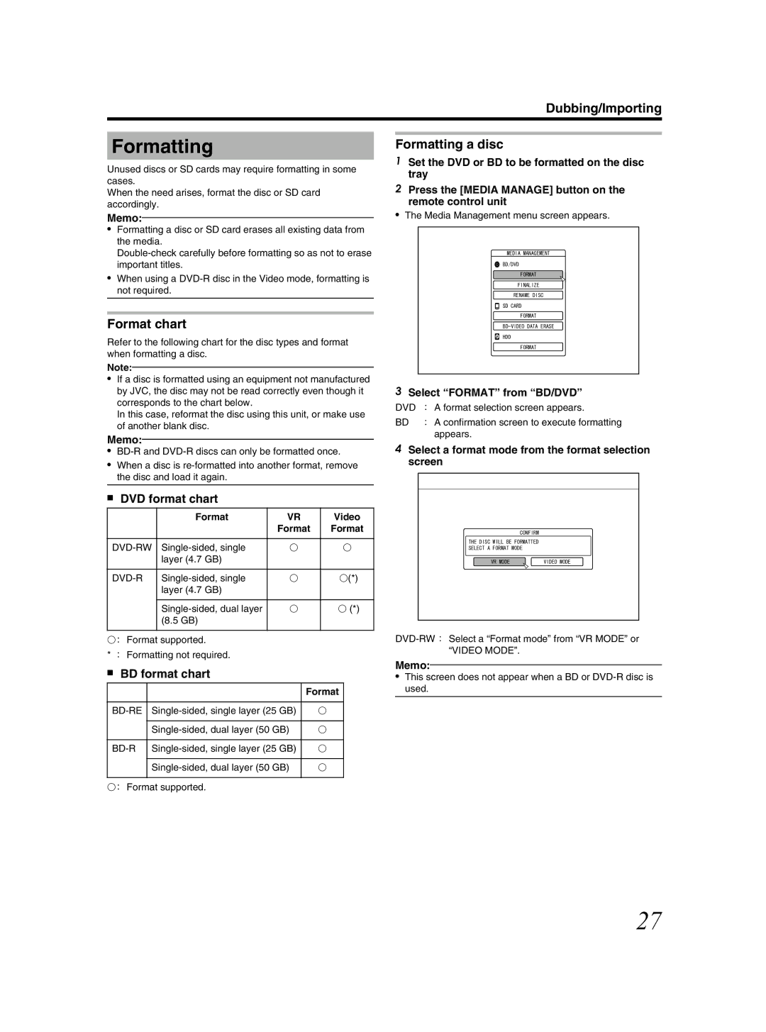 JVC SR-HD2500US manual Format chart, Formatting a disc, DVD format chart, BD format chart 