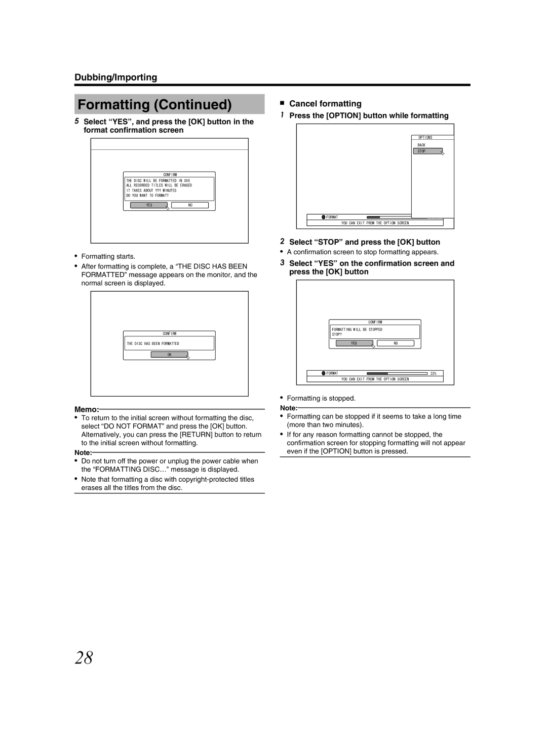 JVC SR-HD2500US manual Cancel formatting, Press the Option button while formatting, Select Stop and press the OK button 