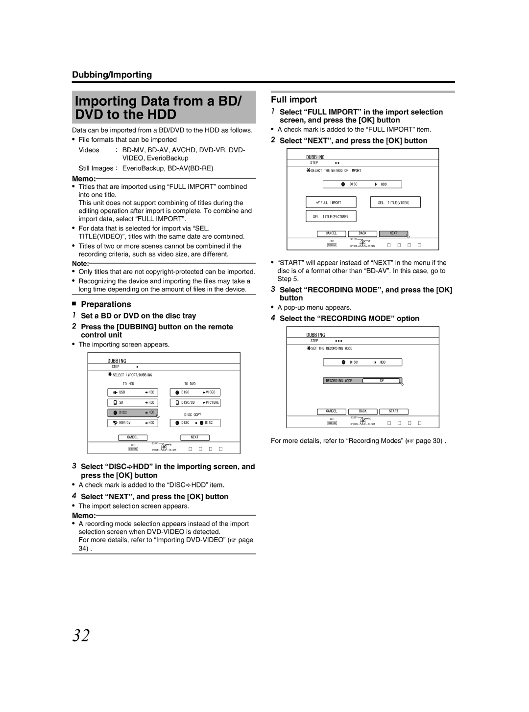 JVC SR-HD2500US manual Importing Data from a BD/ DVD to the HDD, Full import, Preparations 