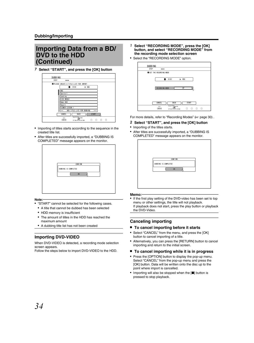 JVC SR-HD2500US manual Importing DVD-VIDEO, Canceling importing, To cancel importing before it starts 