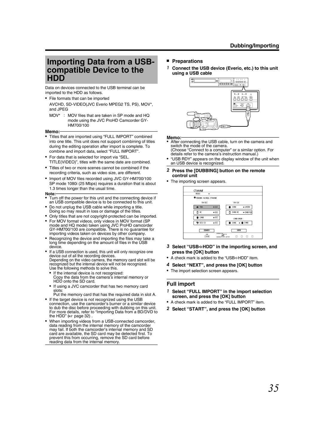 JVC SR-HD2500US manual Importing Data from a USB- compatible Device to, Check mark is added to the USBhHDD item 