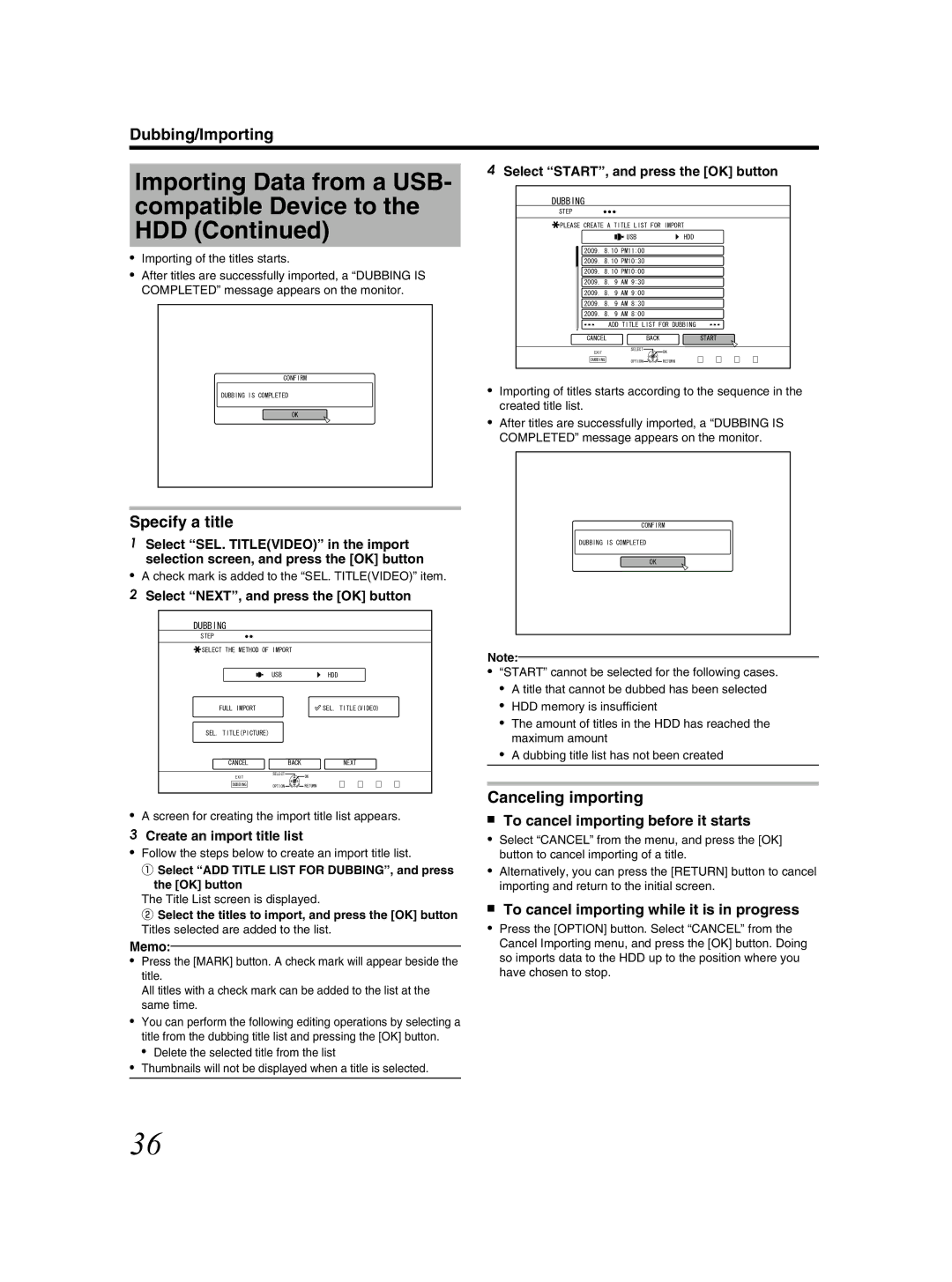 JVC SR-HD2500US manual Importing Data from a USB- compatible Device to the HDD, Specify a title 