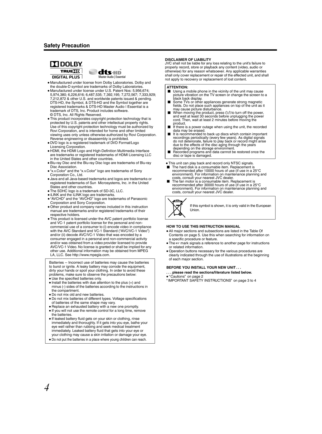 JVC SR-HD2500US manual Disclaimer of Liability 